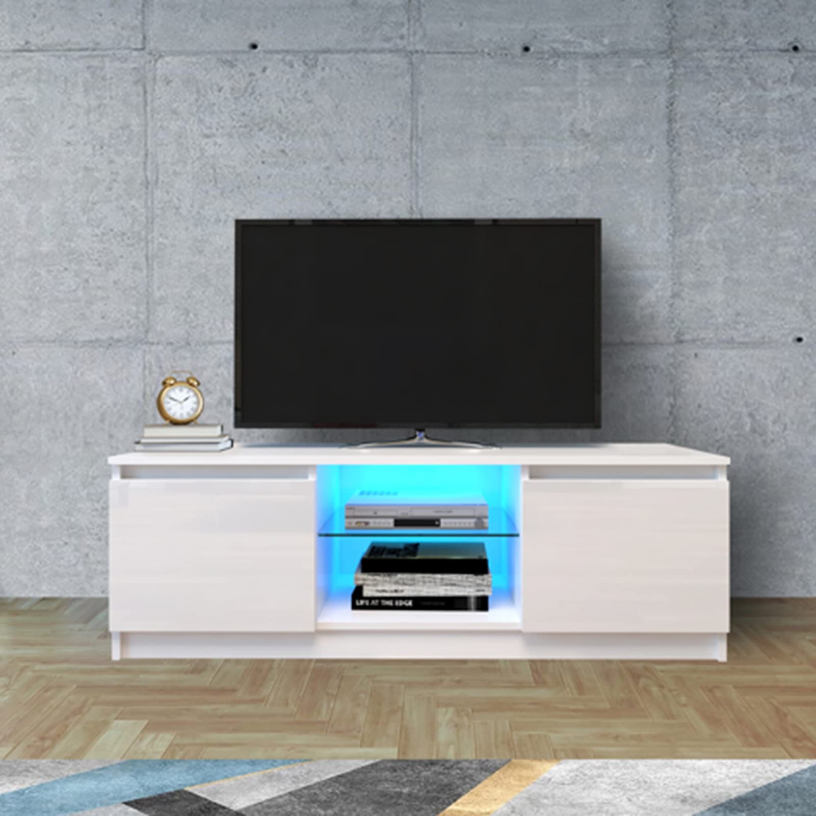 Siamrose TV Stand with Lights, Modern LED TV Cabinet Entertainment Center with Storage, Smart TV Console Table for Living Room, White and Black, Perfect for Home Theater & Gaming Setup