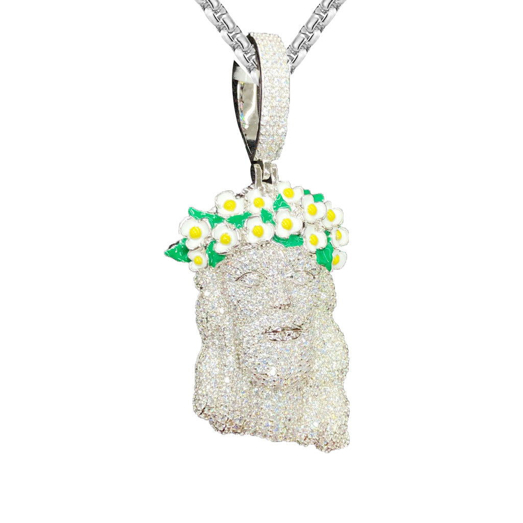 Men's Jesus Face Flower Crown Pendant - Religious White Tone Iced Out Necklace for Church, Baptism & Spiritual Occasions