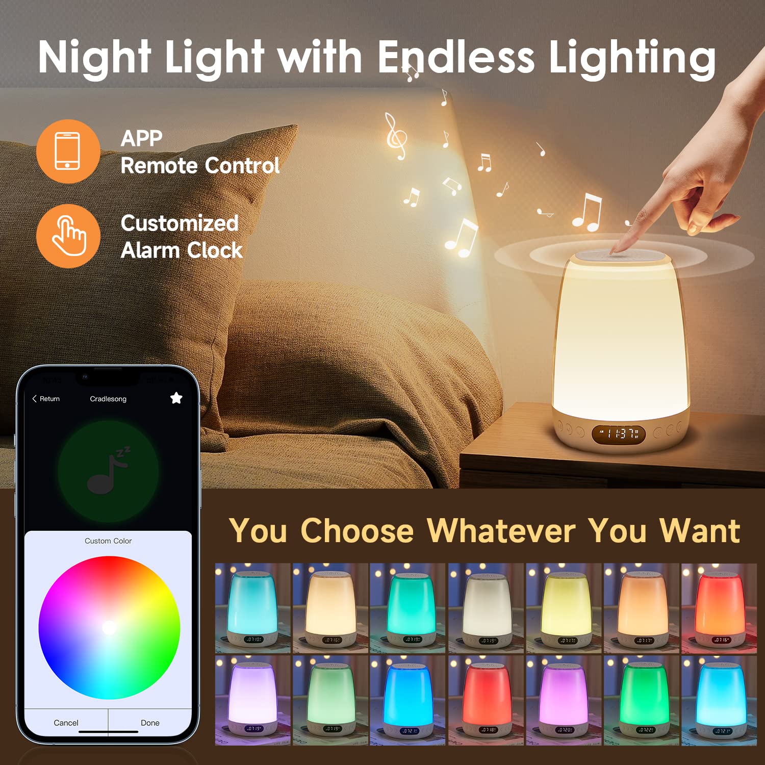 One Fire Baby Night Light for Kids - 48 RGB Colors, Dimmable & Rechargeable Touch Lamp, Portable Smart Bedroom Light with APP Control, Timer & Sunrise Alarm Clock | Nursery, Kids Room, Bedside, Travel Night Light