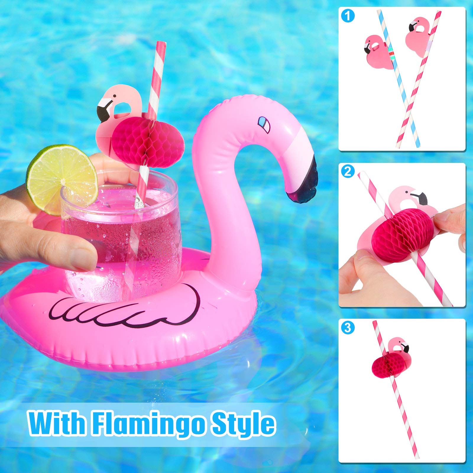 67 Pcs Flamingo Inflatable Drink Holder Set - 16 Floating Cup Holders for Pool with 50 Decorative Paper Straws & Mini Pump - Perfect for Pool Parties, Beach Gatherings & Summer BBQs