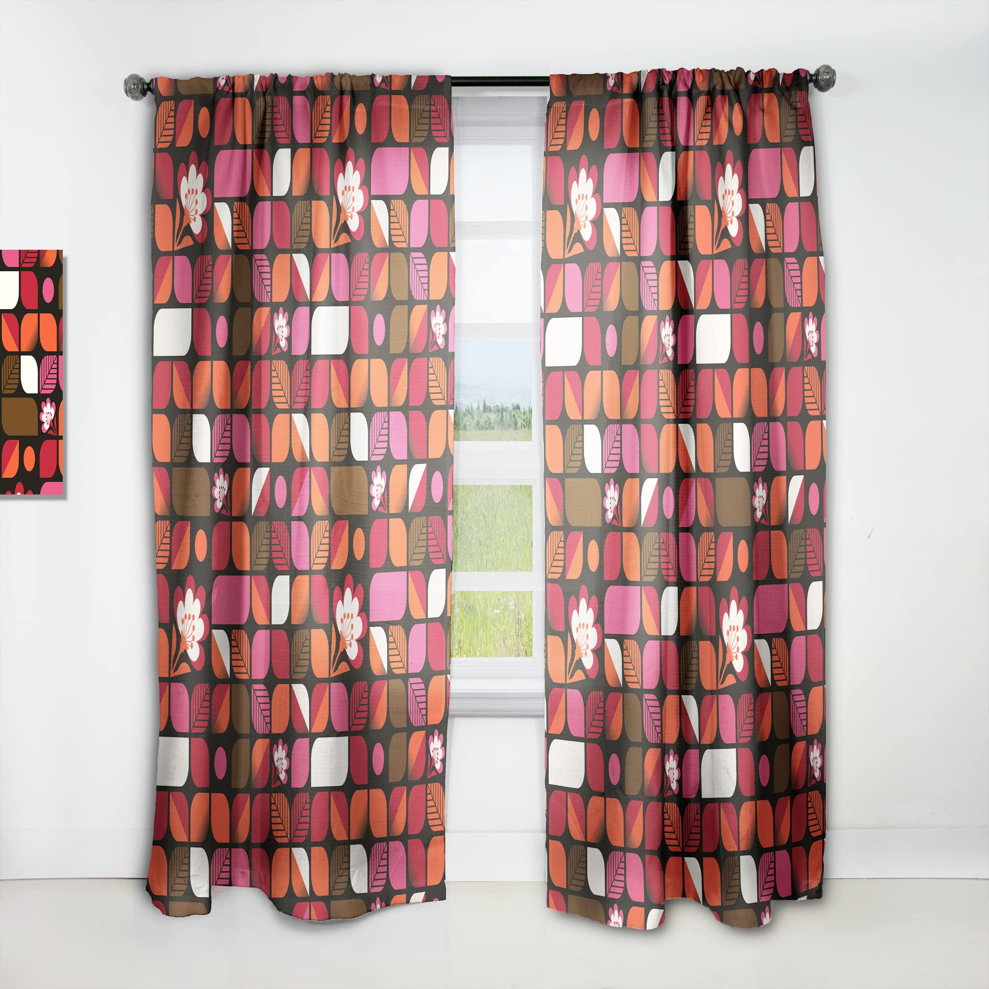 DesignQ Geometric Retro Floral Print Curtains - Thermal Insulated Single Panel Window Drapes 52x108 Inches for Bedroom & Living Room - Perfect for Home Decor & Light Blocking