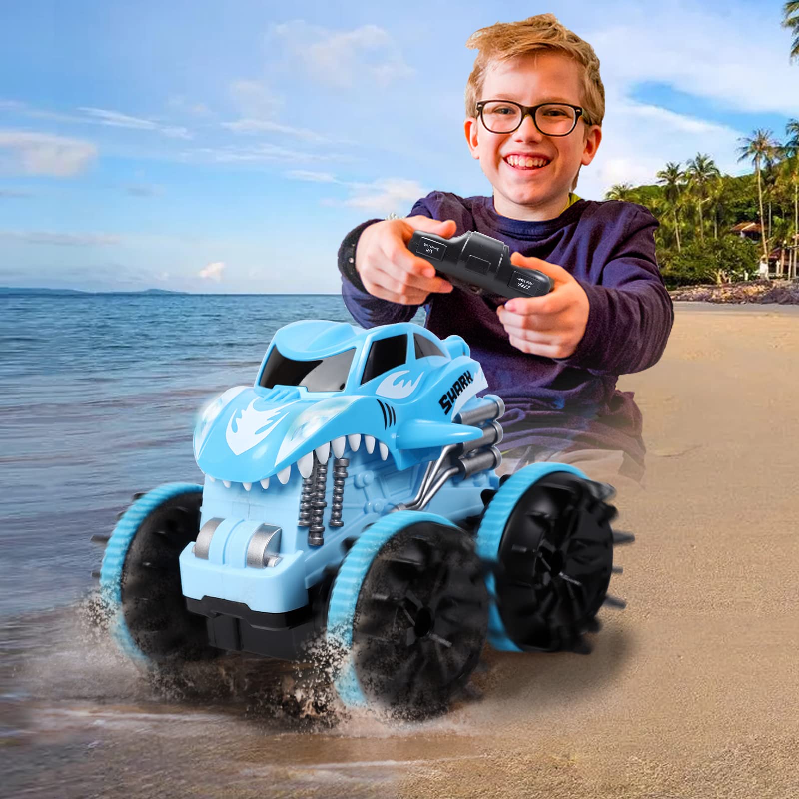 Remote Control Monster Truck Toy for Boys Age 6-12 - Amphibious RC Shark Car for Kids - Outdoor Water & Land Play - Perfect for Pool, Beach, Backyard & Birthday Gifts