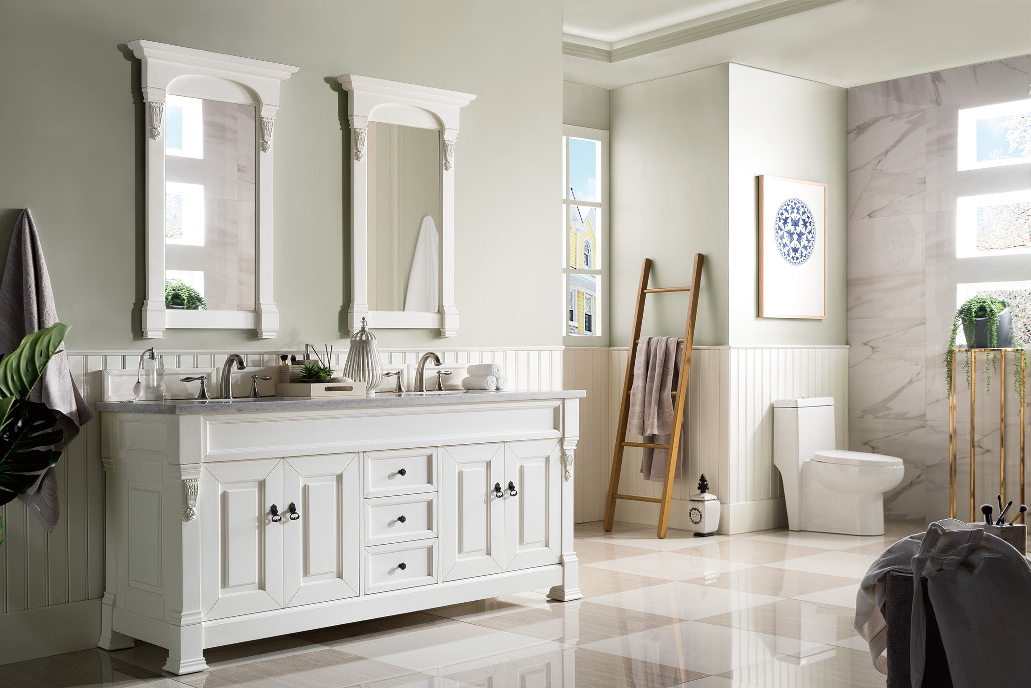 Brookfield 72 Inch Double Bathroom Vanity with Bright White Finish and 3CM Arctic Fall Solid Surface Top - Perfect for Master Bathrooms and Modern Home Renovations