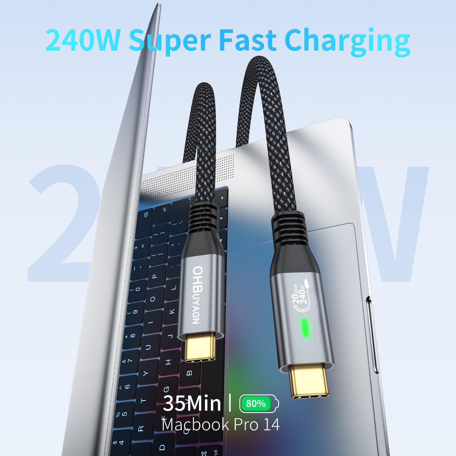OHBUYAGN 240W USB-IF Certified USB C to USB C Fast Charger Cable 0.3M - 20Gbps High-Speed Data Transfer, LED Display, Thunderbolt 3 Compatible - Perfect for MacBook Pro/Air, Samsung Galaxy S23, iPad Pro & Fast Charging Needs at Home, Office or Travel