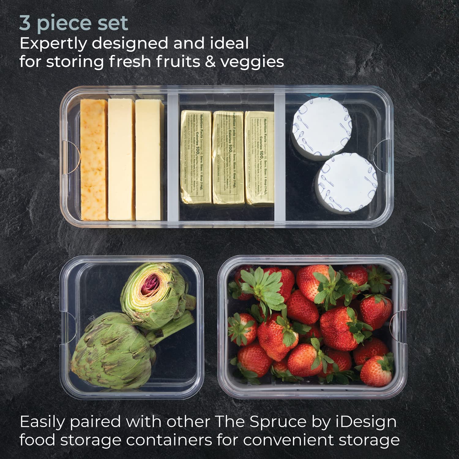 iDesign 3-Piece Clear/Gray Fridge Organizer Bins with Lids - Perfect for Kitchen Storage