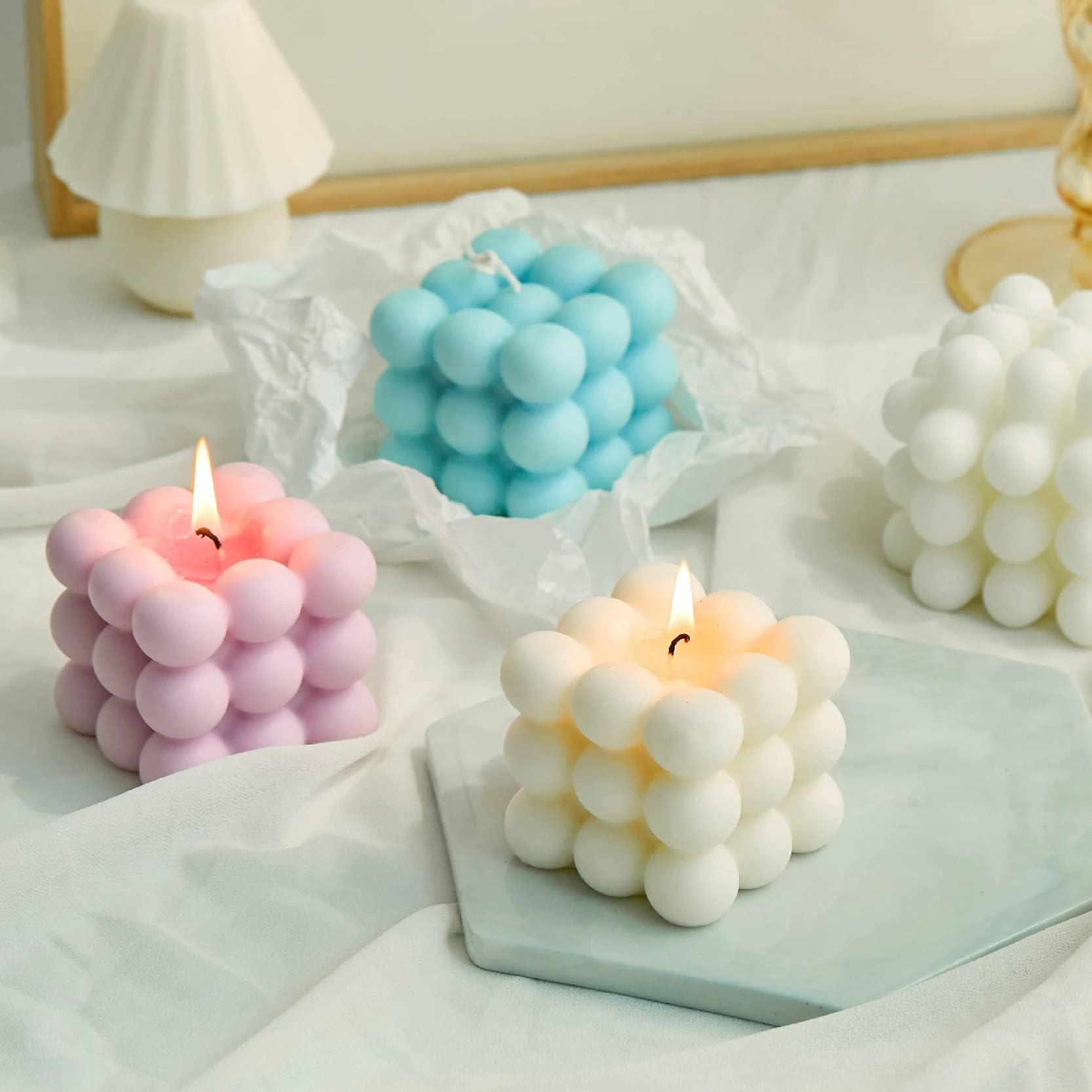 Soy Wax Aromatherapy Candle - Small Bubble Cube Scented Candle for Relaxation, Birthday Gift, Home Decor (White Cube) | Perfect for Meditation, Spa Nights & Romantic Ambiance