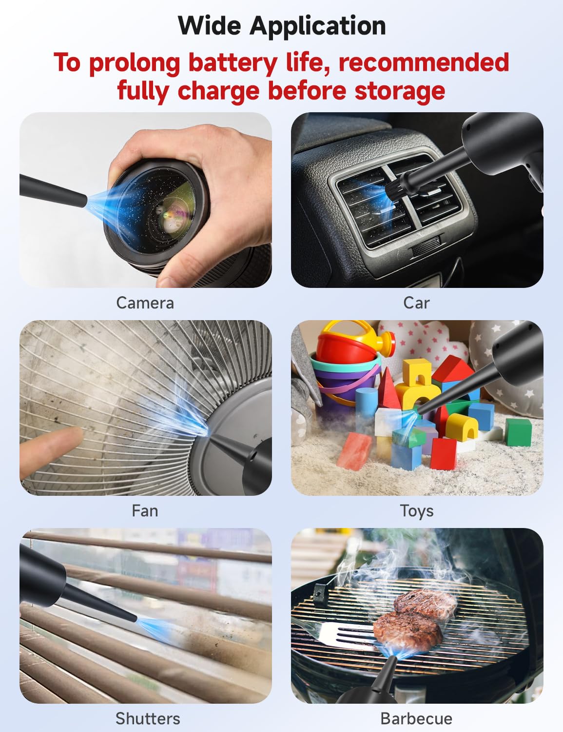 Fulljion 6000mAh Rechargeable Cordless Electric Air Duster - 3-Speed Adjustable (51000 RPM) with LED Light, Fast Charging for Computer Keyboard, Electronics, Laptops & Home Cleaning - Portable Air Blower for Dust Removal (Black)