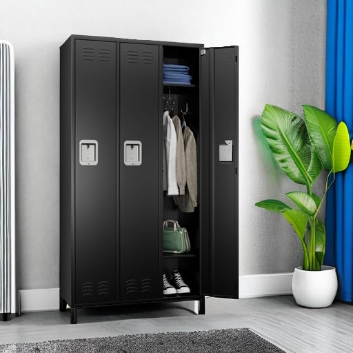METAN 3-Door Steel Storage Locker Cabinet - Heavy Duty Metal Locker for School, Office, Gym & Bedroom - Industrial Storage Locker with 2 Adjustable Shelves for Employees & Students - Easy Assembly Required (Black) - Perfect for Secure Storage in Workplaces, Schools & Fitness Centers