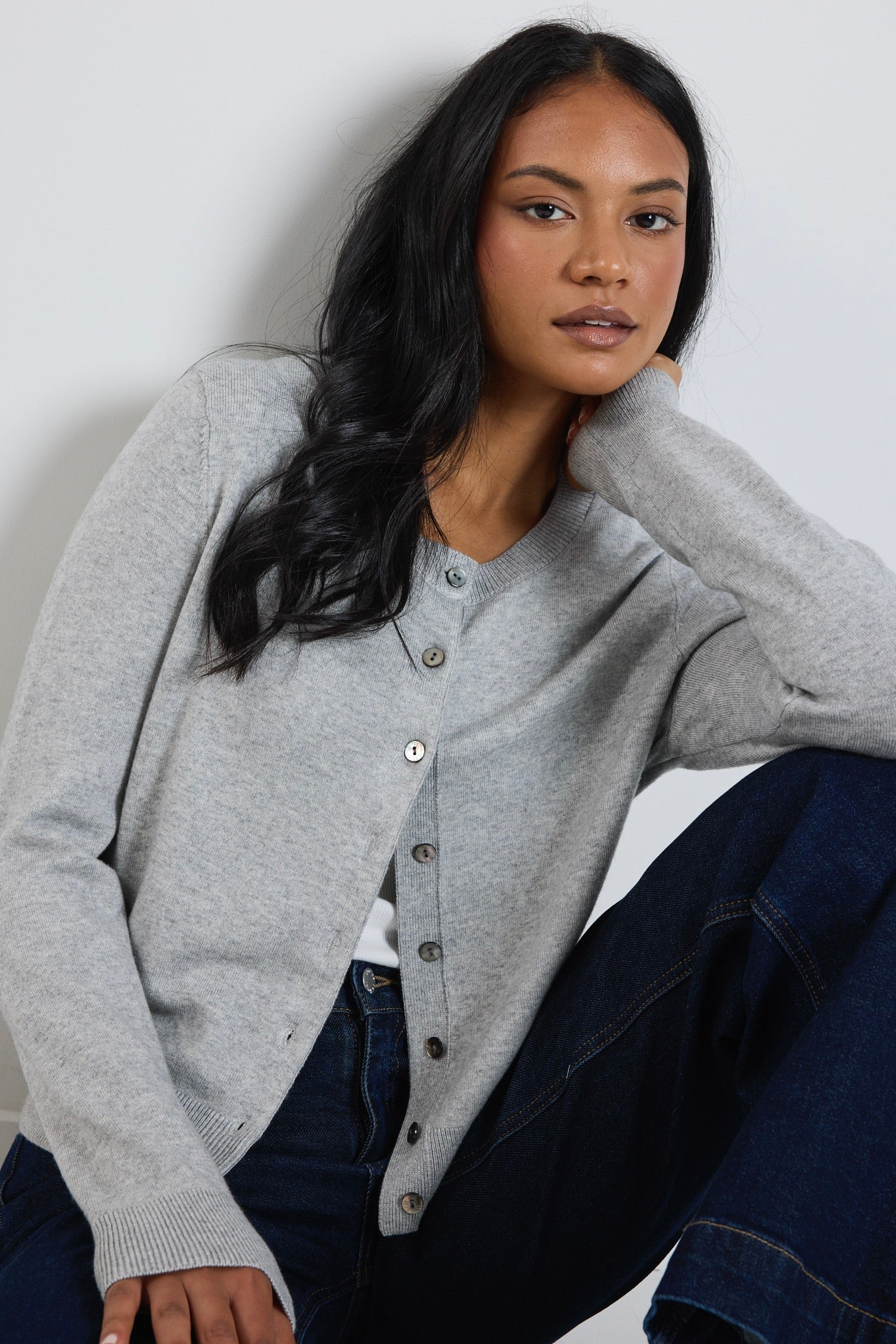 Light Grey Marle Cashmere Blend Crewneck Cardigan - Soft & Warm Signature Knitwear for Women | Perfect for Office, Date Night & Cozy Evenings