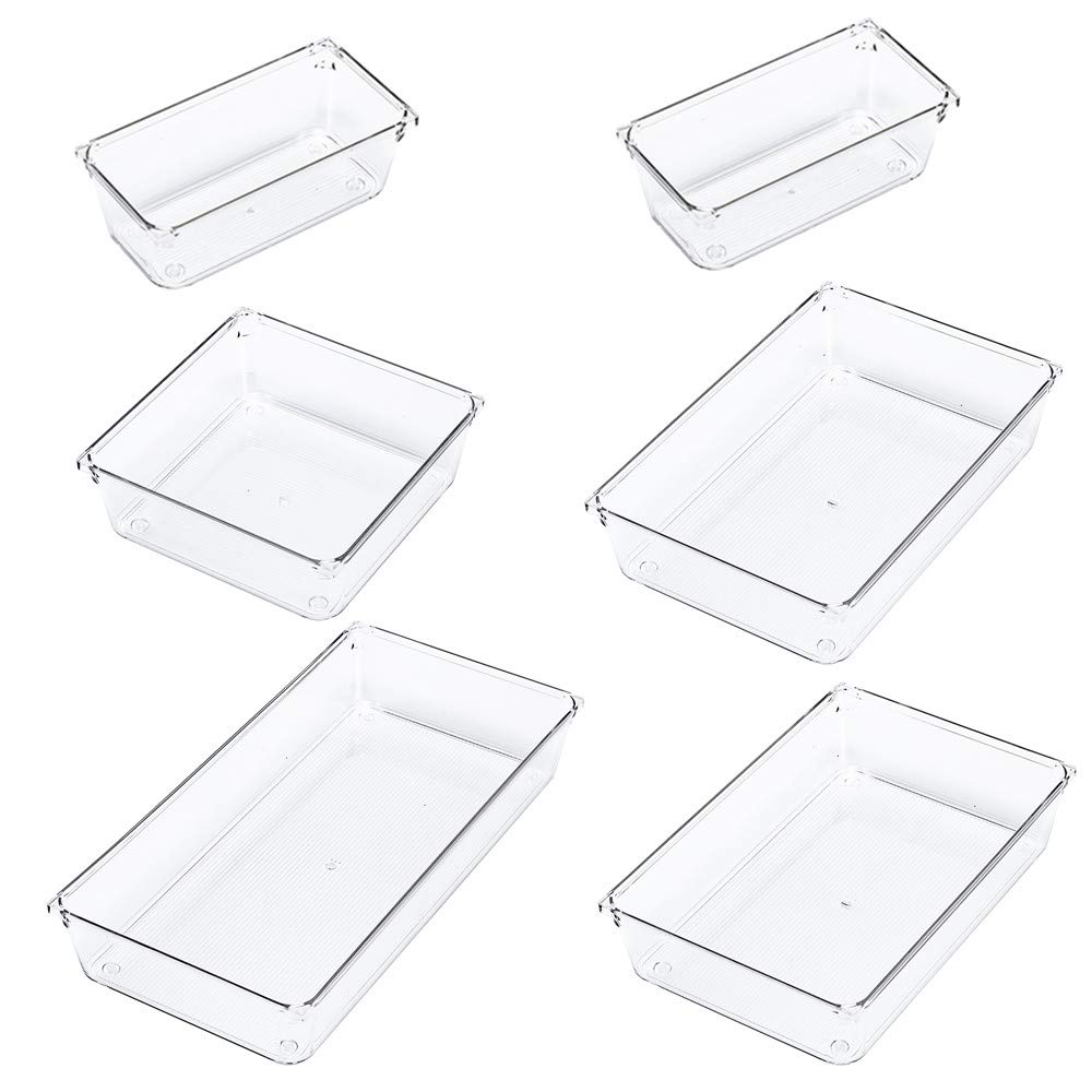 Slideep Clear Plastic Drawer Organizer Trays - 6-Piece Set with 4 Sizes for Makeup, Cosmetics, Office Supplies & Kitchen Gadgets Storage - Perfect for Bedroom Dressers, Bathroom Vanities & Desk Organization