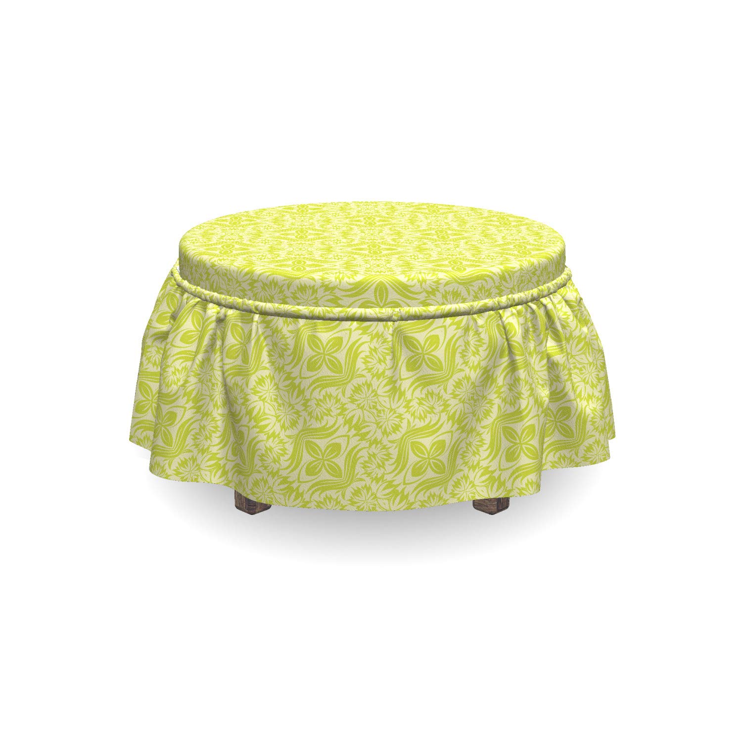 Ambesonne 2-Piece Ottoman Slipcover Set - Flourishing Flowers & Leaves Design, Ruffle Skirt for Square/Round Footstools, Apple & Pale Green Home Decor | Perfect for Living Room, Bedroom & Nursery Accent
