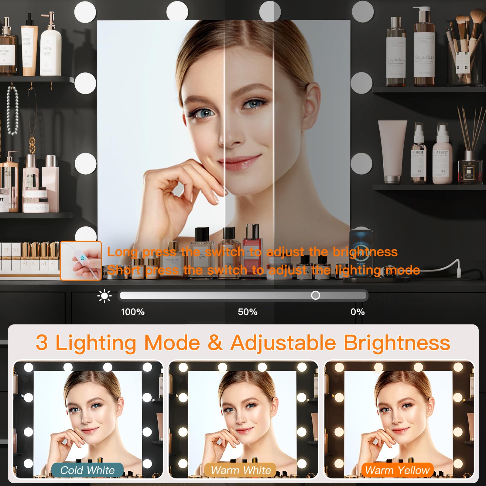 Quimoo Large Vanity Desk with LED Lighted Mirror & Power Outlet - Makeup Vanity Table with 7 Drawers, 4 Shelves & 5 Hooks - Modern Vanity Desk Set for Bedroom or Bathroom (Black) - Perfect for Makeup Organization, Dressing Room & Home Decor