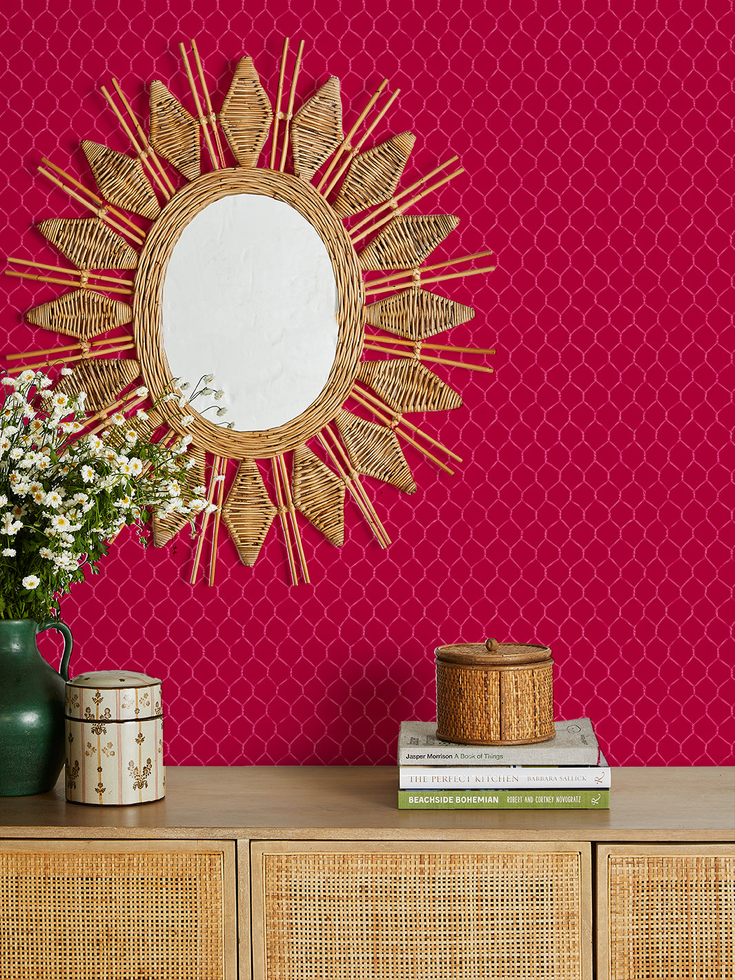 Evelyn's Chicken Wire Wallpaper by Sarah Jessica Parker | Pink Geranium Floral Design | Perfect for Farmhouse, Bedroom & Nursery Decor