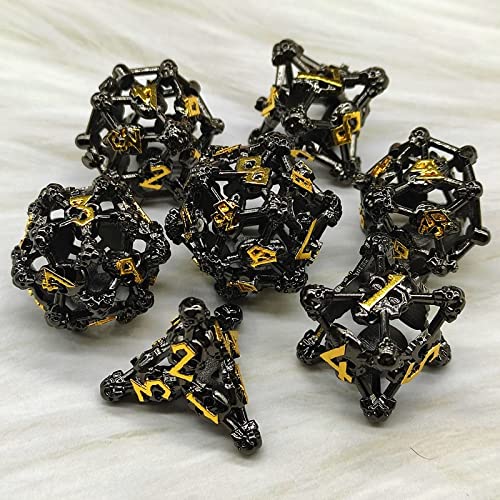 7-Piece Hollow Metal Dice Set for D&D - Skull & Bones Design - Bronze Molded D4 D6 D8 D10 D20 - Perfect for Dungeons & Dragons, Tabletop RPG Games, and Collectors (Black)