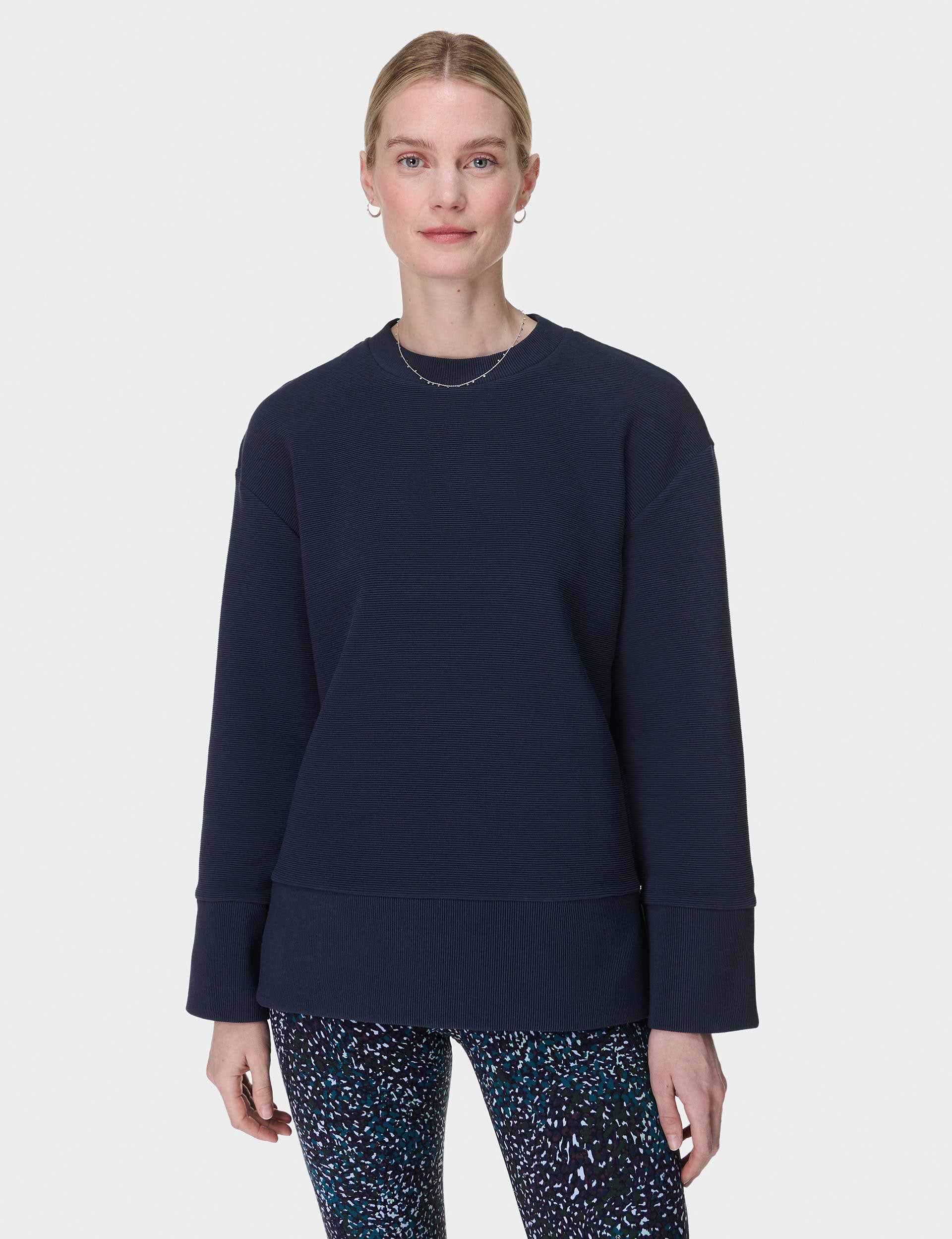 Cozy Ribbed Sweatshirt for Women - Soft Navy Blue Pullover | Perfect for Casual Outings, Lounging & Fall Layering