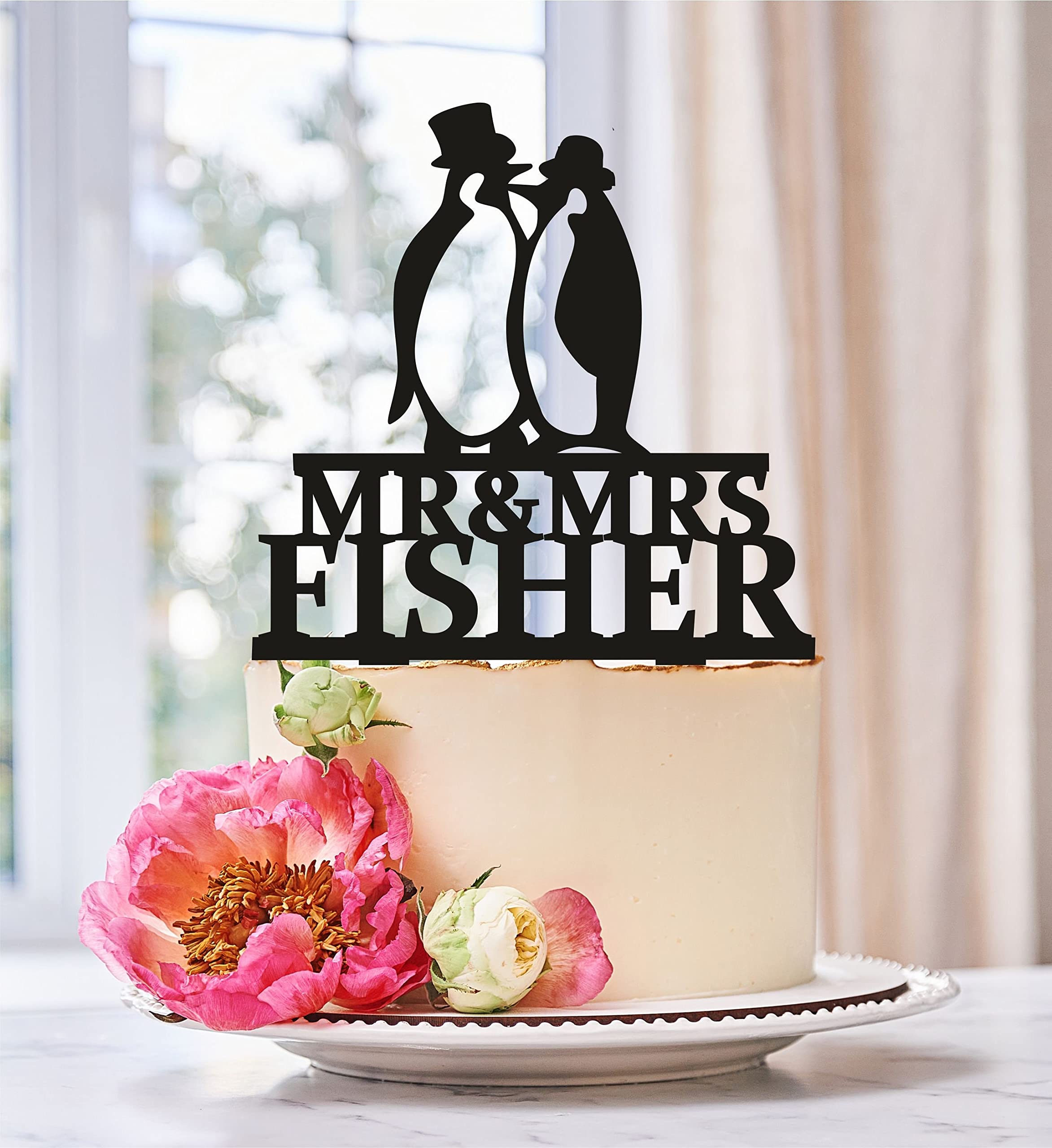 Personalized Penguin Wedding Cake Topper - Elegant Silhouette Design for Anniversary, Engagement & Birthday Cakes - Perfect Romantic Gift for Couples