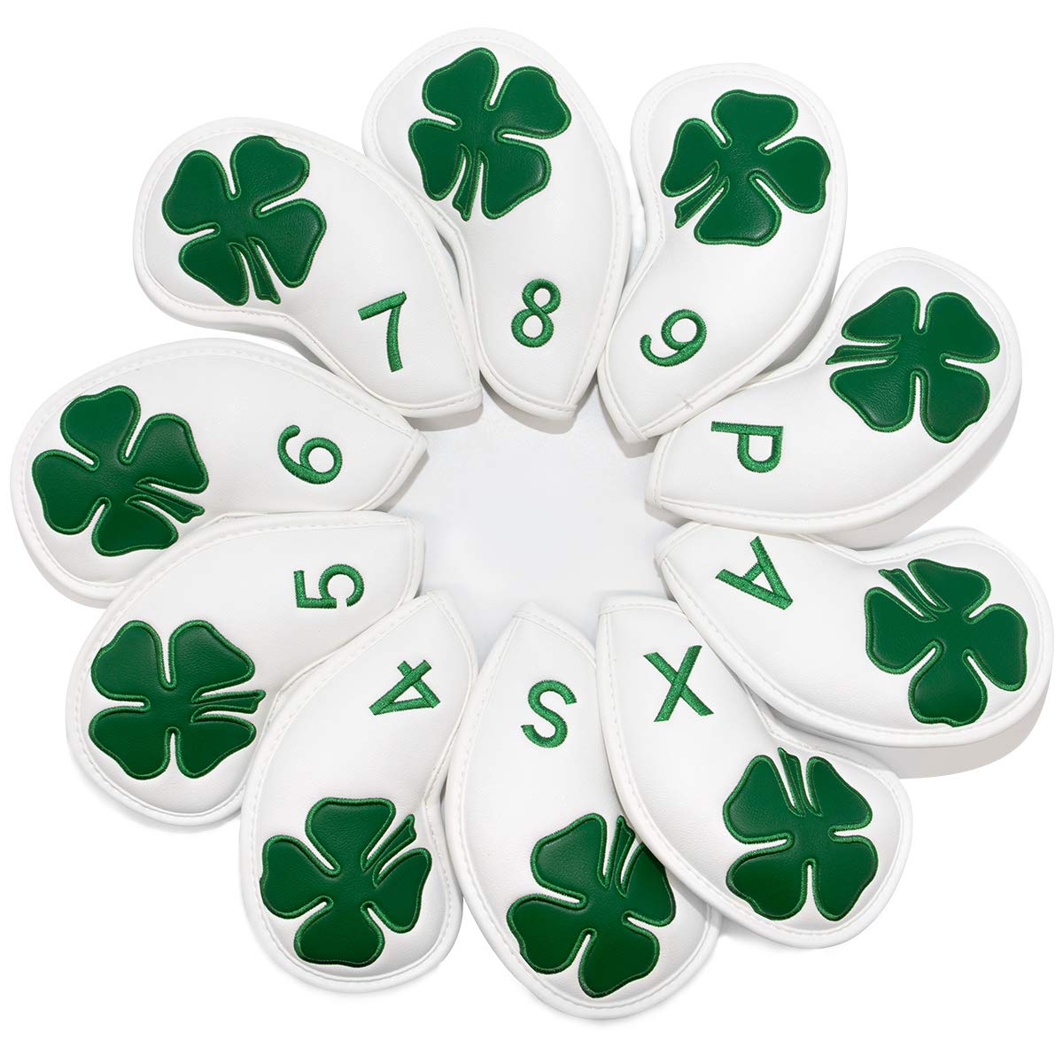 Premium Leather Golf Iron Head Covers Set of 10 - Lucky Clover Design with Secure Magic Tape for All Brand Clubs | Protective Club Covers for Travel & Storage | Ideal Gift for Golf Enthusiasts