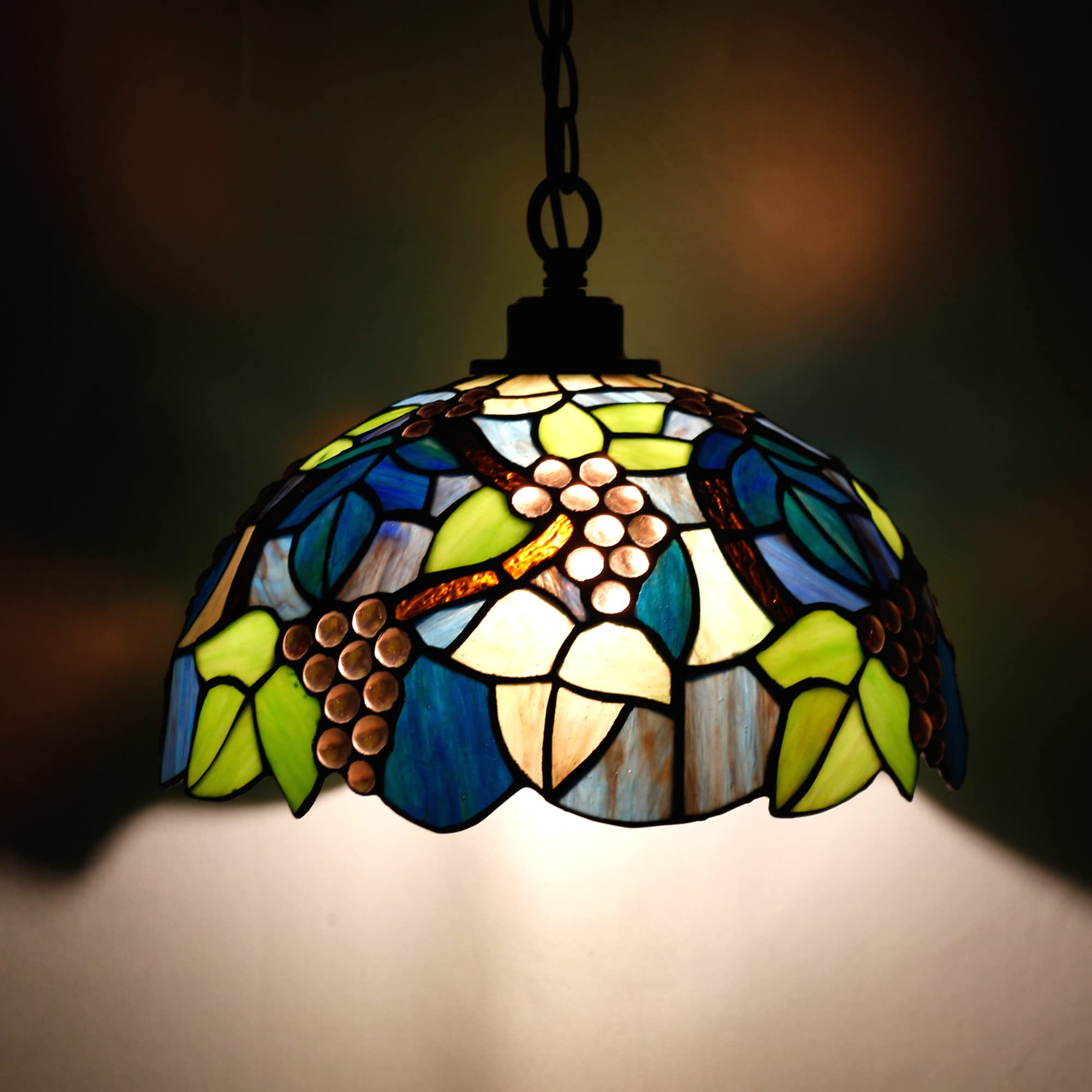 Tiffany Style Plug-in Stained Glass Swag Pendant Light - 12x12x18 Inches Hanging Lamp in Purple Grape Design | Perfect for Dining Room, Living Room, Bedroom & Kitchen Decor