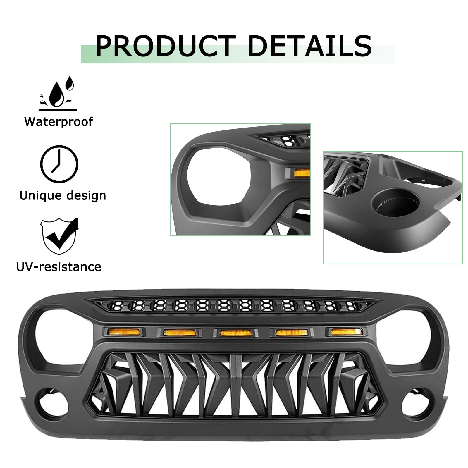 Shark Grille Mesh Front Grill for Jeep Wrangler JK & JKU (2007-2018) - Compatible with Unlimited, Rubicon, Sahara & Sport Models - Includes Amber LED Lights | Off-Road & Street Legal Upgrade