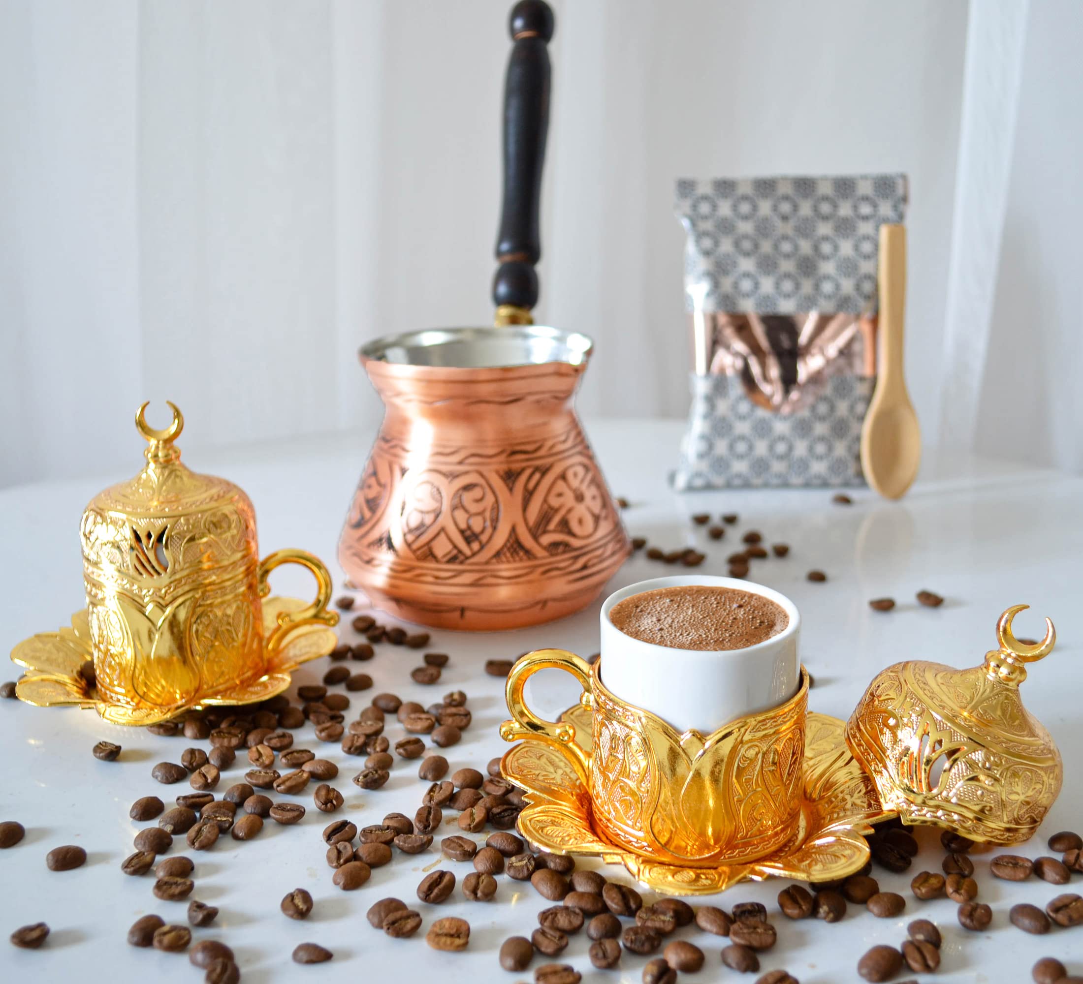Premium Handcrafted Turkish Copper Coffee Pot with Wooden Handle - Stovetop Brewer for Turkish, Greek & Arabic Coffee - 4-5 Cup Capacity (Matte Finish) - Perfect for Home Brewing, Gifts & Traditional Coffee Ceremonies