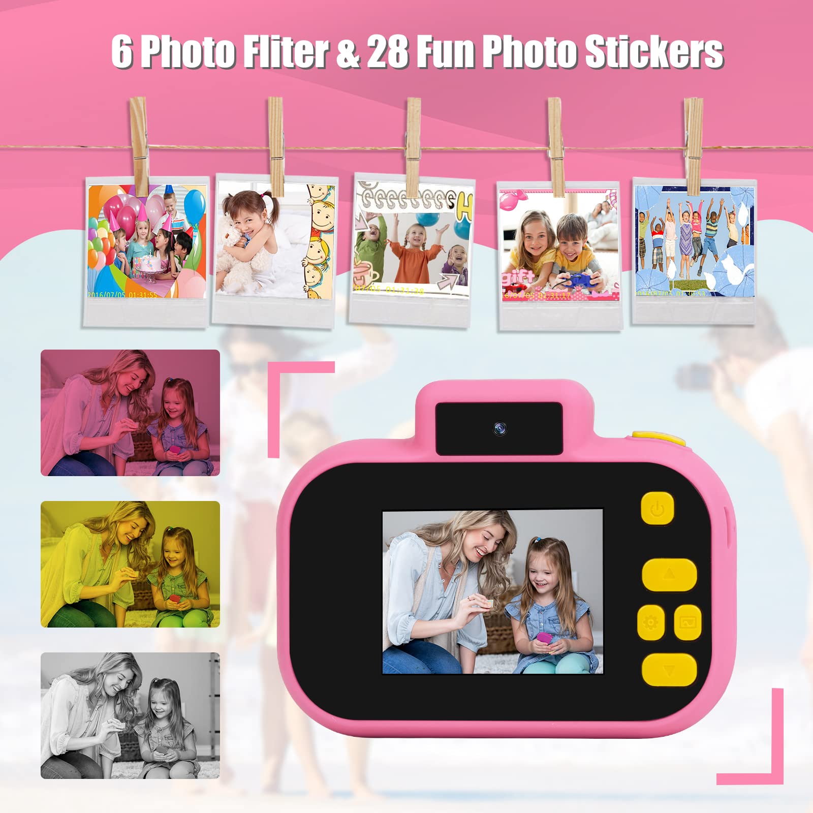 Pink Kids Digital Camera for Girls Age 3-9 - HD Video Recorder with 32GB SD Card, Toddler Selfie Camera, Portable Birthday Gift for 3 4 5 6 7 8 Year Olds - Perfect for Travel, Parties & Outdoor Adventures