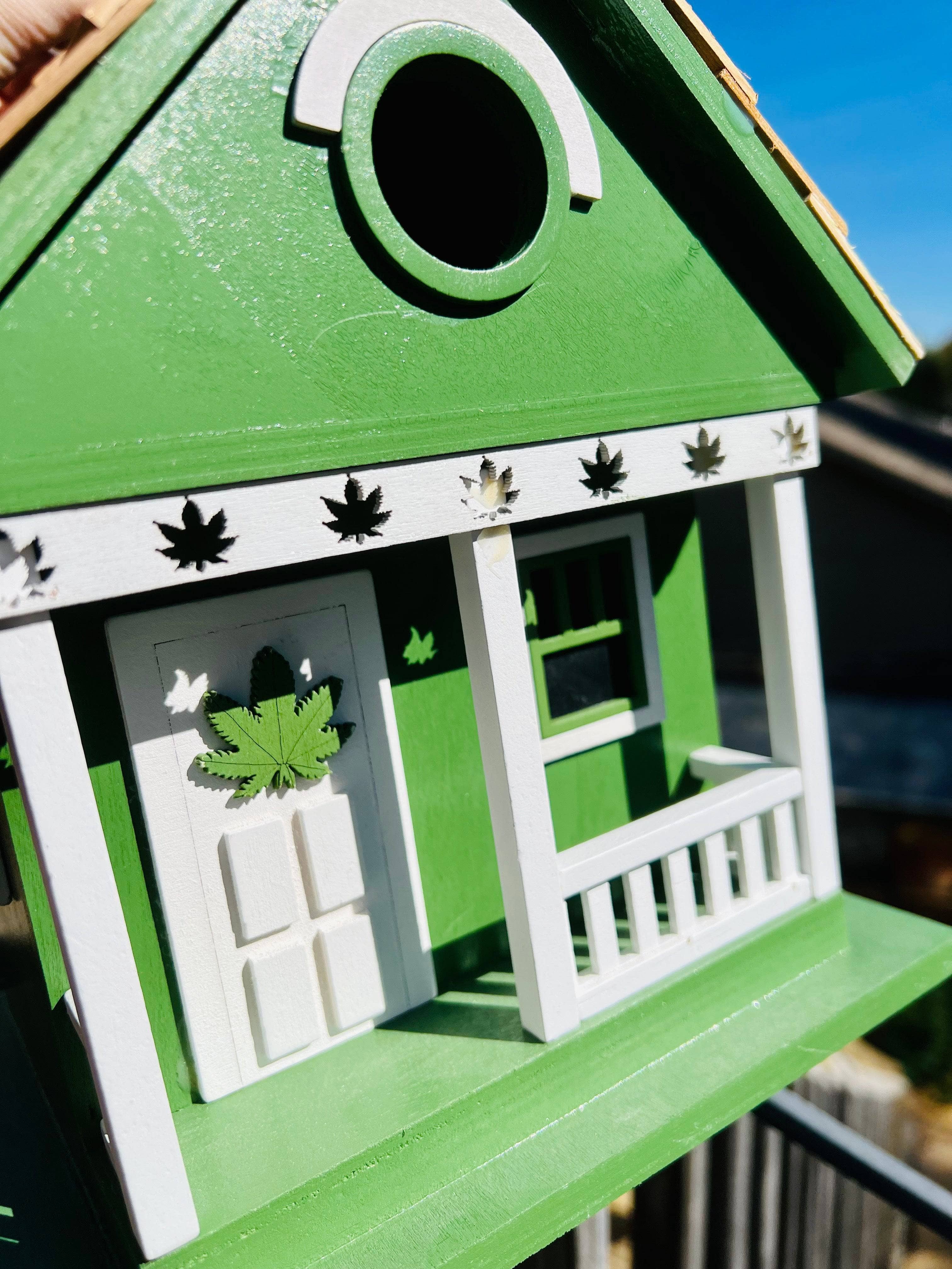 Handmade Cannabis-Themed Wooden Birdhouse for Garden Decor - Perfect for Outdoor Bird Watching & Unique Gift Idea
