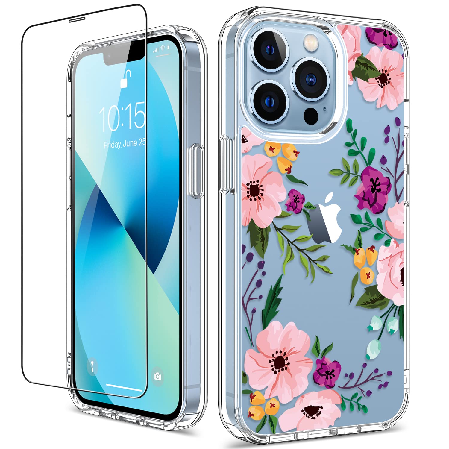 GiiKa iPhone 13 Pro Case with Screen Protector - 6.1 Inch Clear Shockproof Protective Case for Women, Floral Design Hard Case with TPU Bumper Cover - Perfect for Everyday Use, Work, and Travel Protection