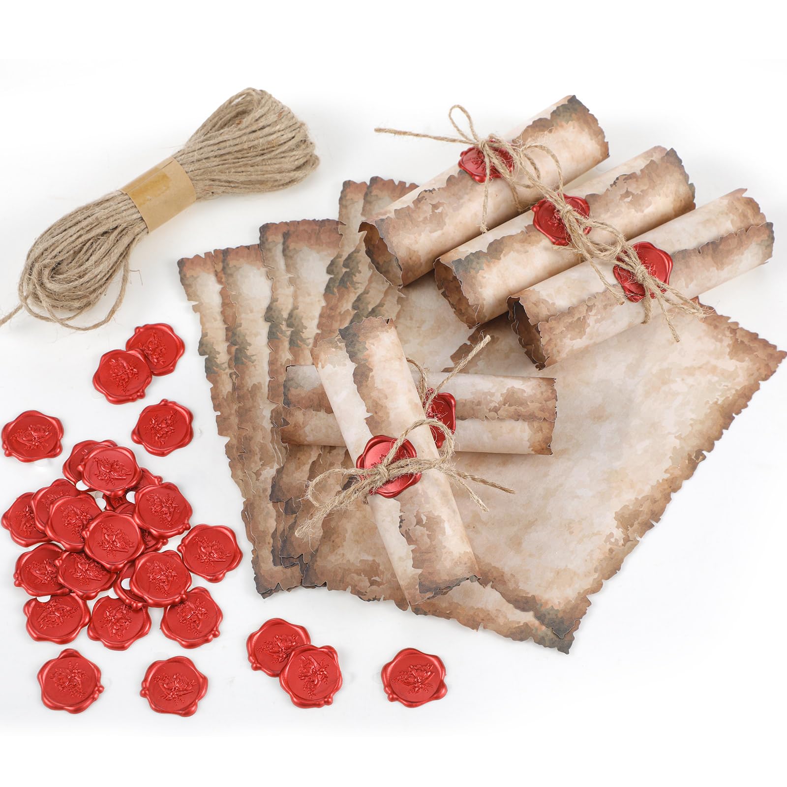 Antique Vintage Writing Invitations Set - 100 Letter Scroll Rustic Papers, 100 Wax Seal Stickers, 3 Twine Strands - Perfect for Valentine's Day, Mother's Day, Wedding, Medieval Theme Stationery (4x6 Inch) - Ideal for DIY Greeting Cards, Calligraphy, and Special Occasion Invitations