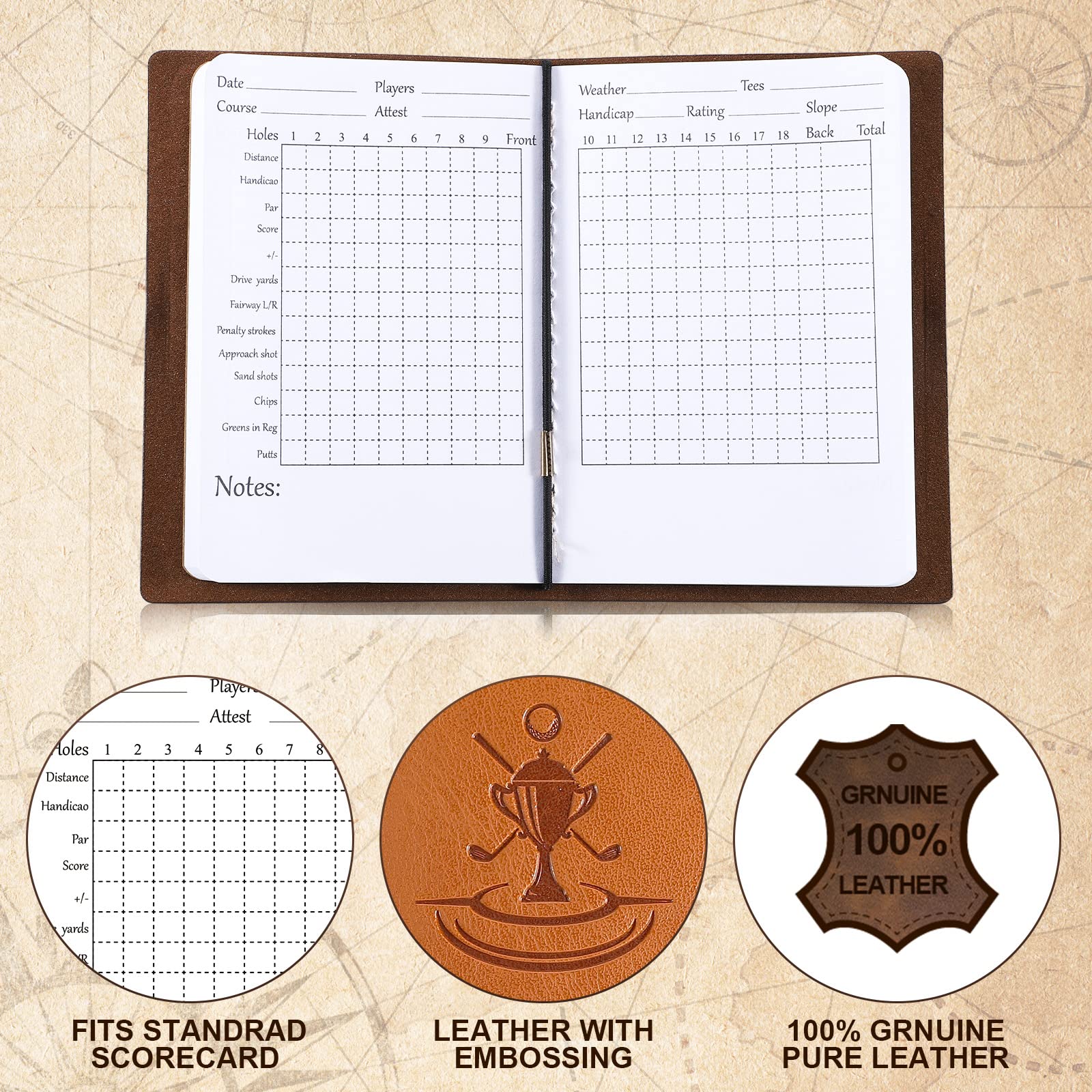 Premium Leather Golf Scorecard Book & Yardage Notebook - Golf Journal Notepad for Men & Women - Perfect Christmas Golf Gifts for Golfers - Ideal for Golf Course, Practice Sessions & Tournament Tracking