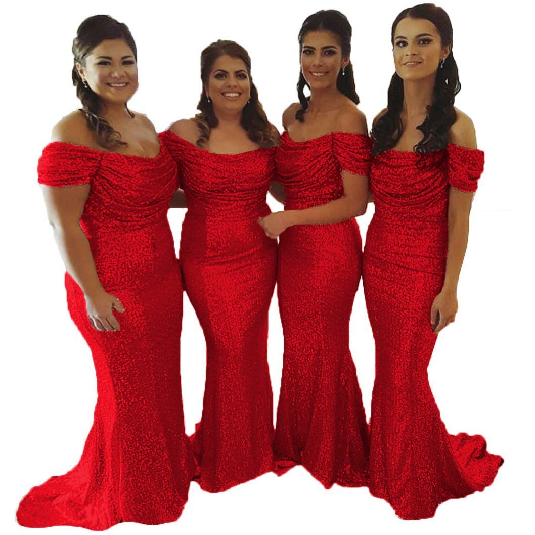 Elegant Gold Sequin Off-the-Shoulder Mermaid Bridesmaid Dresses for Wedding Party, Prom, and Formal Occasions