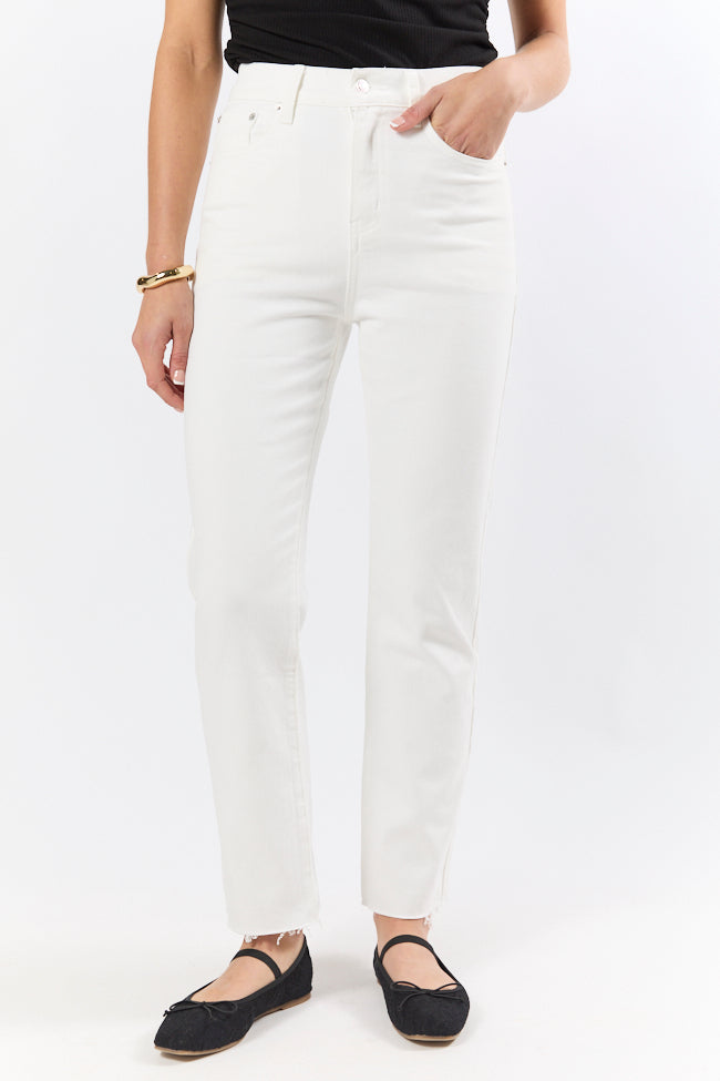 Westin White Straight Leg Raw Hem Jeans for Women - High Waist Distressed Denim Pants - Casual & Streetwear Outfits
