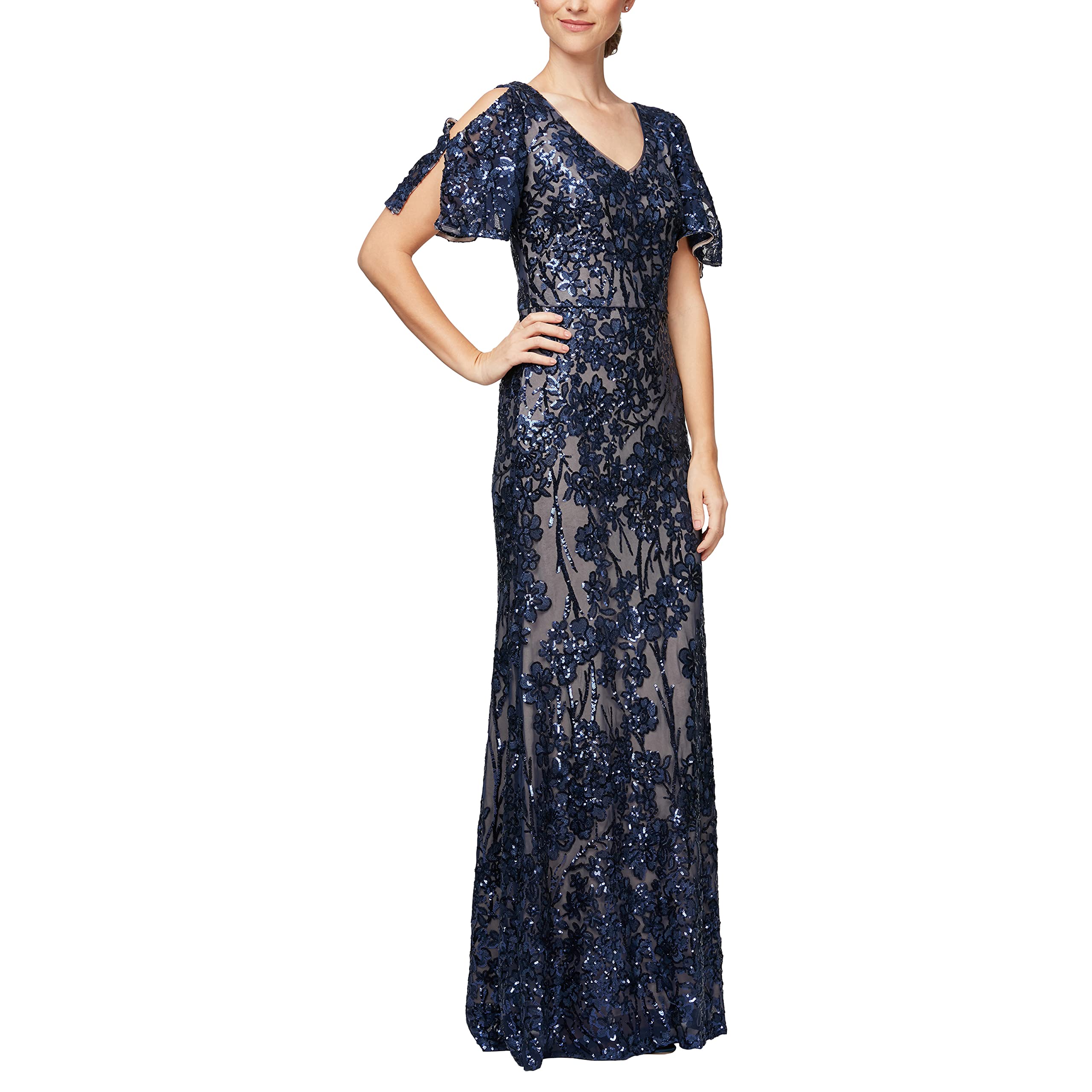 Alex Evenings Women's Sequin Stretch Lace Cold Shoulder Evening Gown - Elegant Formal Dress for Prom, Wedding, Cocktail Party & Special Occasions