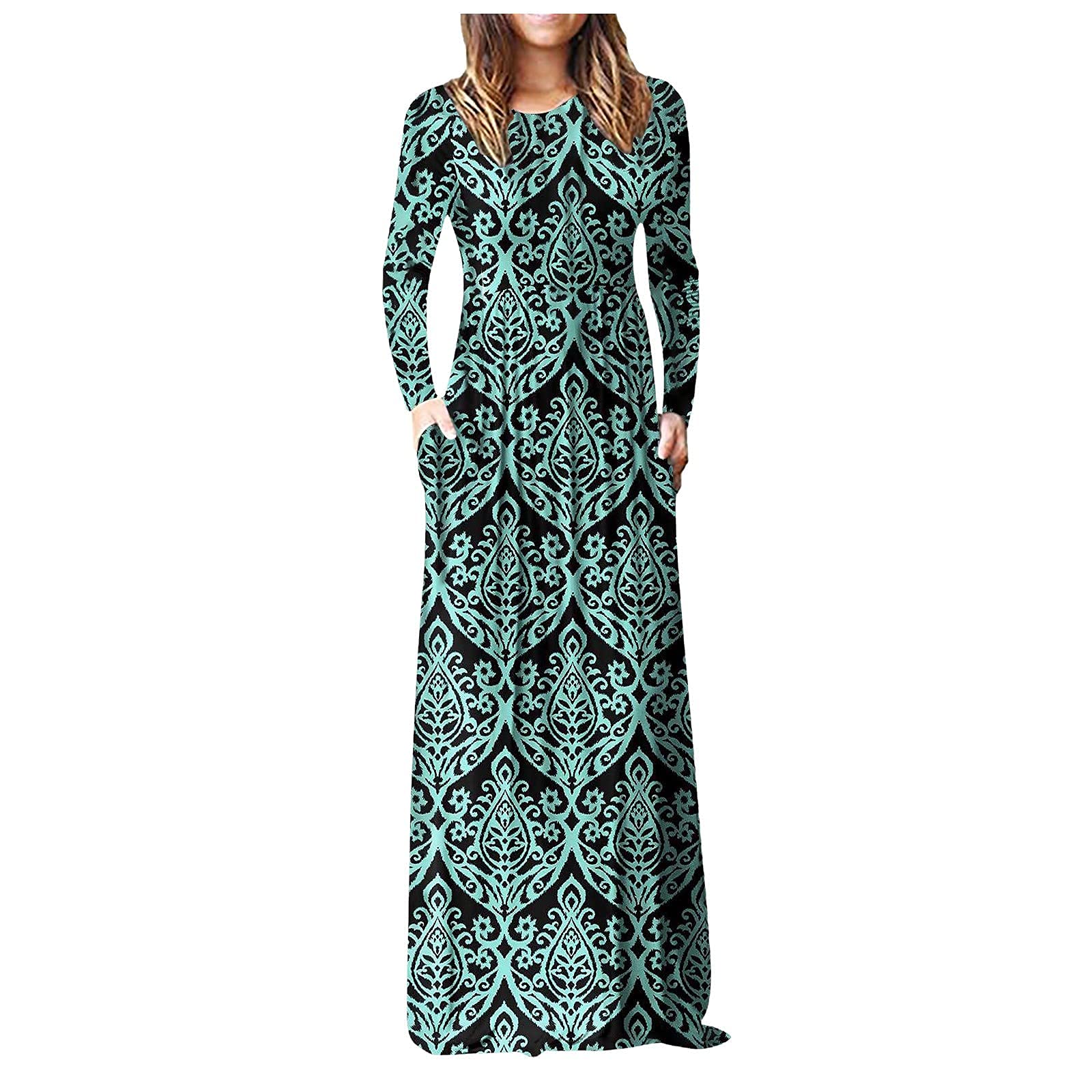 **Hemlock Women's Floral Print Long Sleeve Maxi Dress - Slim Fit Evening Party Gown with Pockets, Floor Length for Fall & Winter | Perfect for Weddings, Galas, and Formal Events**