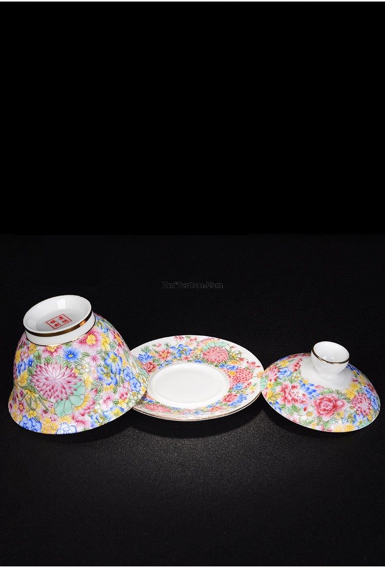 Premium Enamel Porcelain Flower Gaiwan Tea Set - Traditional Chinese Tea Cup with Lid & Saucer - Perfect for Gongfu Tea Ceremony, Home Decor, and Gift Giving