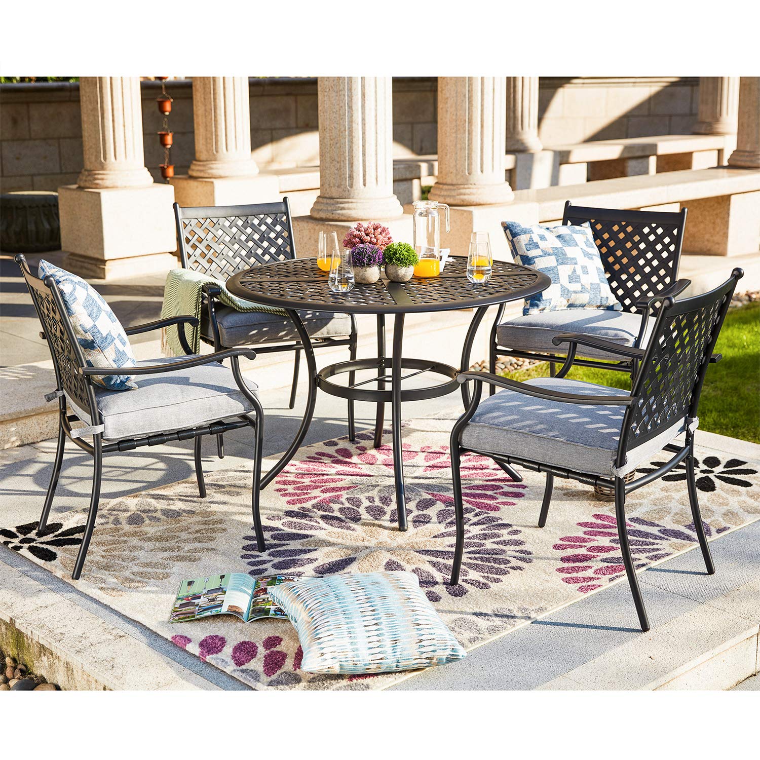 5-Piece Outdoor Patio Dining Set with All-Weather Bistro Chairs & Cushions - Round Metal Table with Umbrella Hole - Perfect for Deck, Lawn, Garden, Poolside & Backyard Entertaining (Black/Grey) | Festival Depot