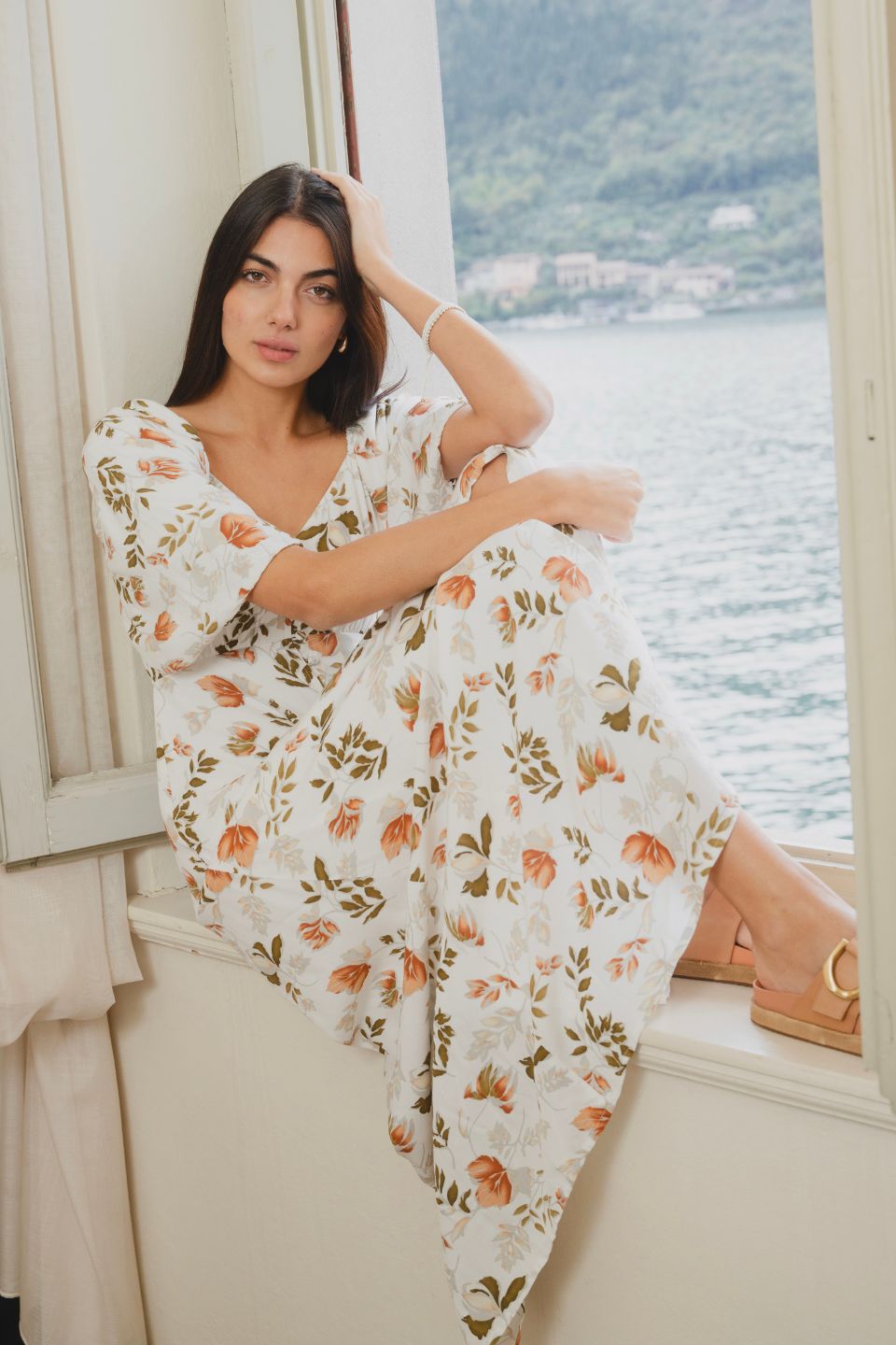 Elegant Ivory Floral Short Sleeve Button Front Midi Dress for Women | Summer Wedding Guest Dress & Garden Party Outfit