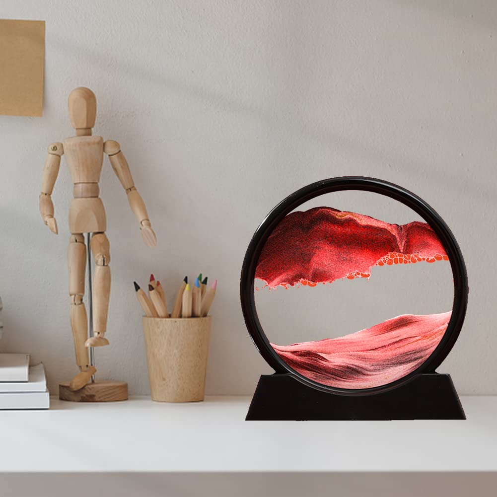 3D Dynamic Sand Art Liquid Motion - Round Glass Deep Sea Sandscape Moving Sand Picture, Flowing Sand Frame for Home & Office Decoration, Stress Relief Desk Toy for Adults & Kids (Red) - Perfect for Meditation, Waiting Rooms, and Creative Workspaces