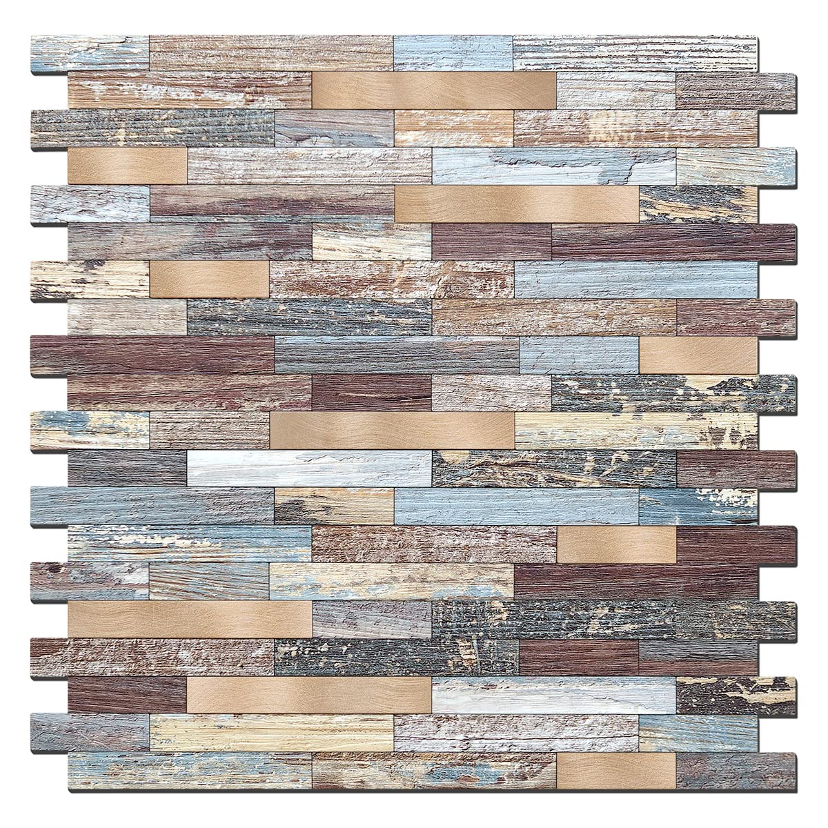 Vintage Wood and Copper Metal Mosaic Tile Backsplash - DIY Peel and Stick Oblong Shape for Kitchen, Bathroom, Fireplace, Camper, Stairway & Cabinet Decoration - Easy to Install Waterproof Wall Tile for Home Renovation Projects
