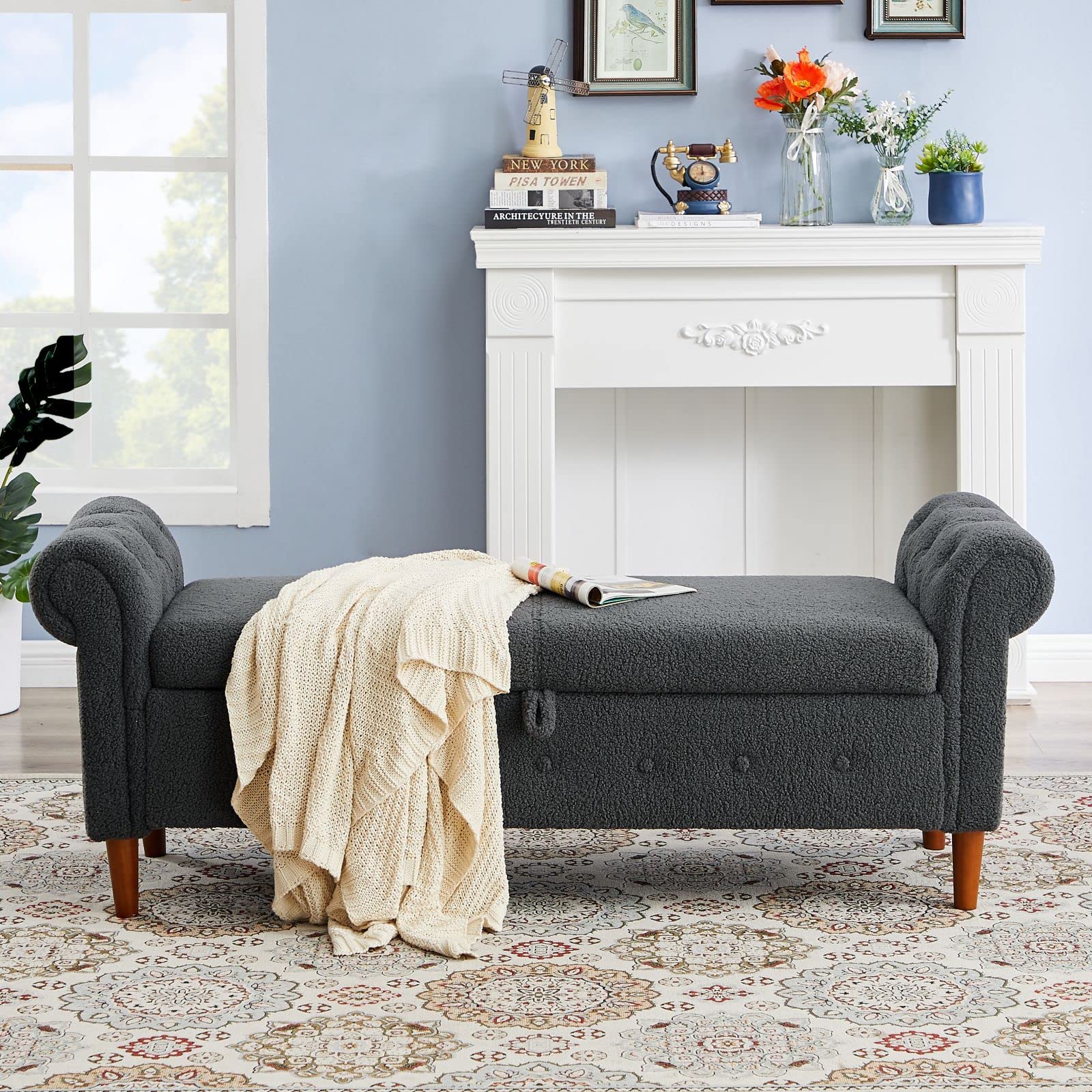 Aoowow Storage Bench with Rolled Arms - Teddy Fabric Ottoman for Bedroom, Living Room, End of Bed - Multi-Functional Seat & Toy Storage (Grey) - Perfect for Window Seating, Fireplace Lounging & Home Organization