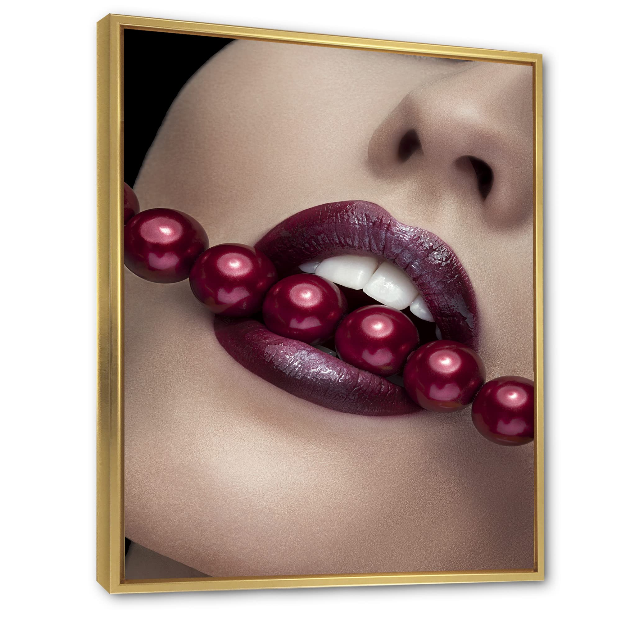 DesignQ Modern Framed Canvas Wall Art - Red Lips & Pearl Woman Portrait Painting for Living Room, Bedroom Decor | Home & Office Wall Decorations