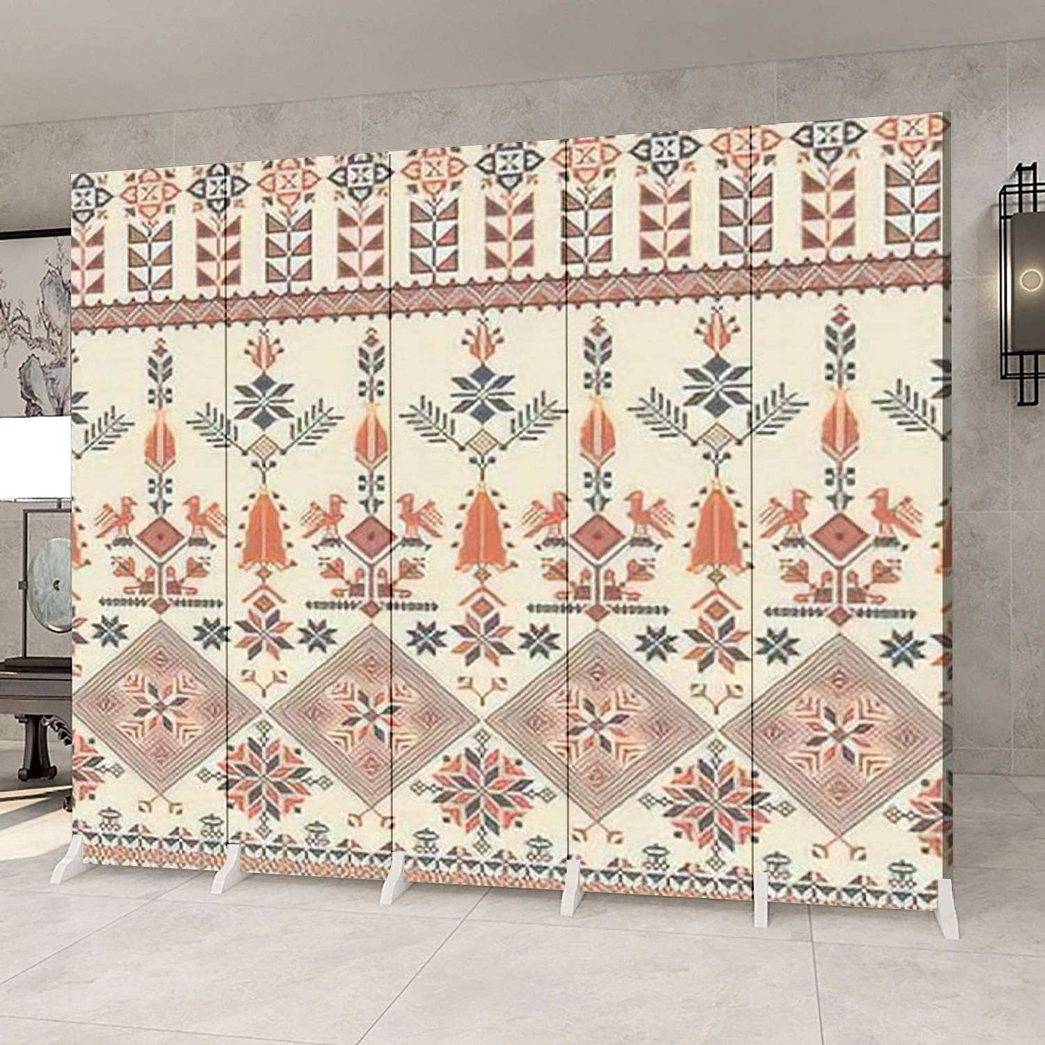 5 Panel Folding Room Divider with Traditional Palestinian Embroidery - Canvas Privacy Screen for Indoor Spaces | Perfect for Home Office, Bedroom Partition & Event Decoration