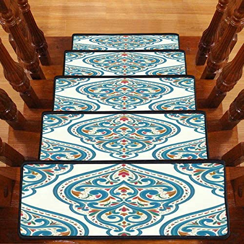 Premium Non-Slip Self-Adhesive Stair Treads - 13PCS Luxury Floral Turkish Carpet Stair Mats (30