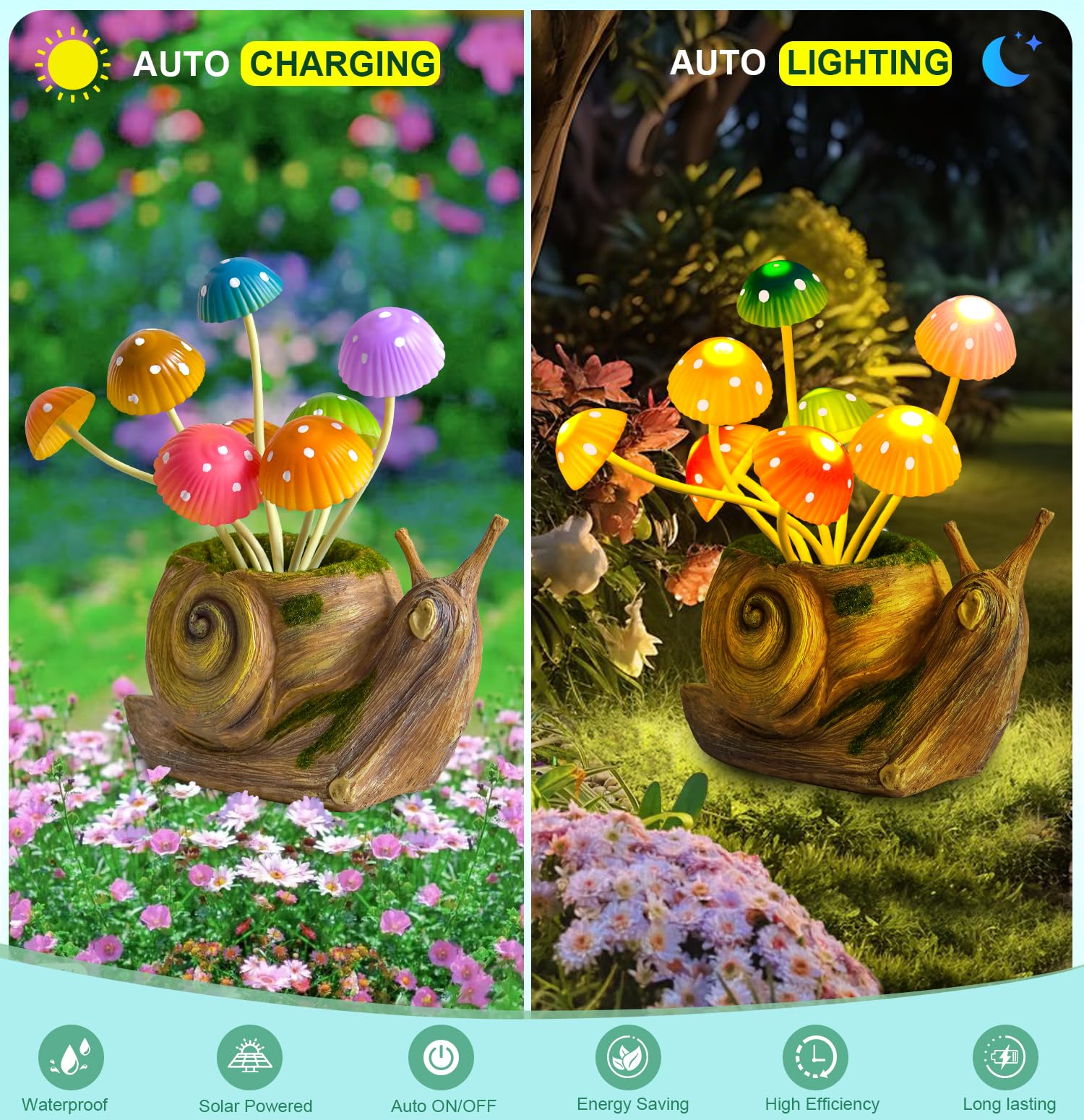 Solar Powered Garden Lights - Cute Snail & Mushroom LED Outdoor Decor for Patio, Yard, Lawn | Waterproof Solar Lights for Garden, Pathway, Backyard | Unique Birthday Gifts for Women, Mom | Perfect for Fairy Gardens, Porch Decor & Landscape Lighting