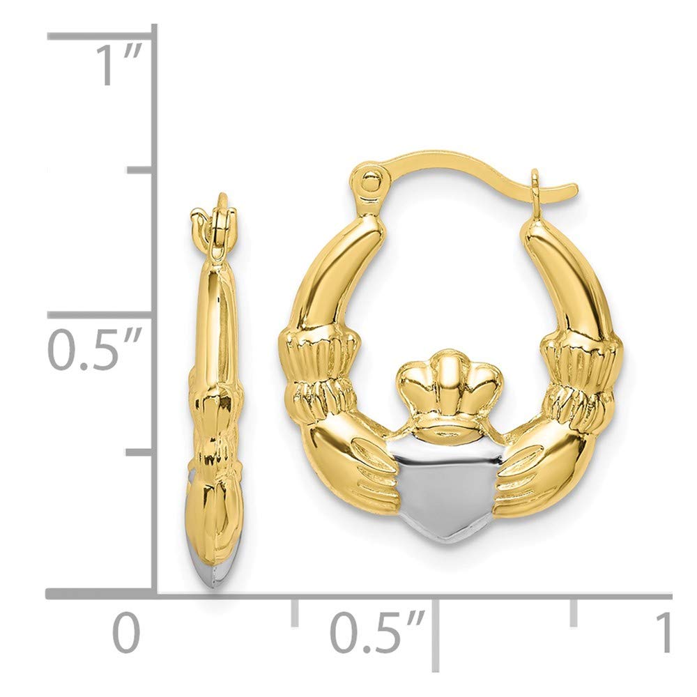 10K Two-Tone Gold & Rhodium Claddagh Hollow Hoop Earrings - White & Yellow Gold Irish Love Knot Jewelry for Women, Perfect for St. Patrick's Day & Celtic Weddings
