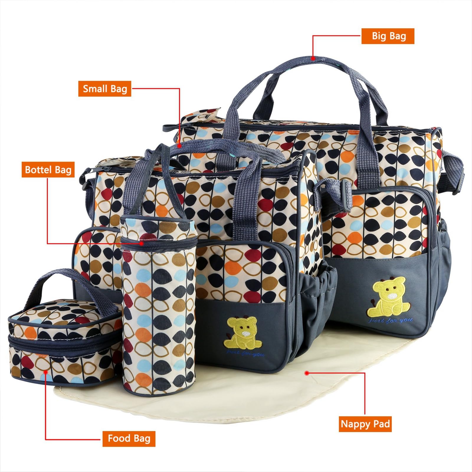 **Zorpupoa Large Diaper Bag Set for Boys & Girls - 5PCS Travel Tote with Nappy Changing Essentials - Stylish & Portable Mommy Bag for Outings, Shopping & Baby Care**