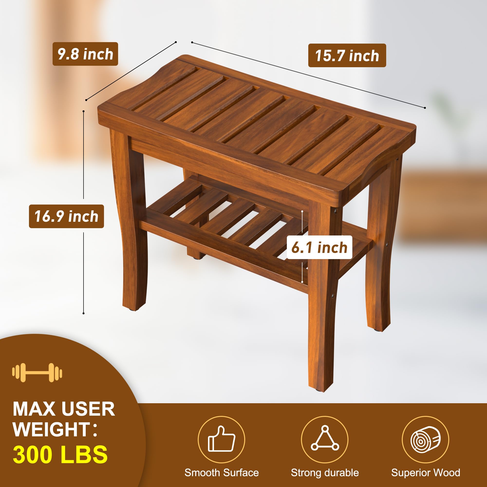 Premium Teak Wood Shower Bench with Storage Shelf | Waterproof Bathroom Stool with Non-Slip Feet | Spa & Shower Seat for Indoor/Outdoor Use | Perfect for Elderly, Disabled & Luxury Bathroom Organization