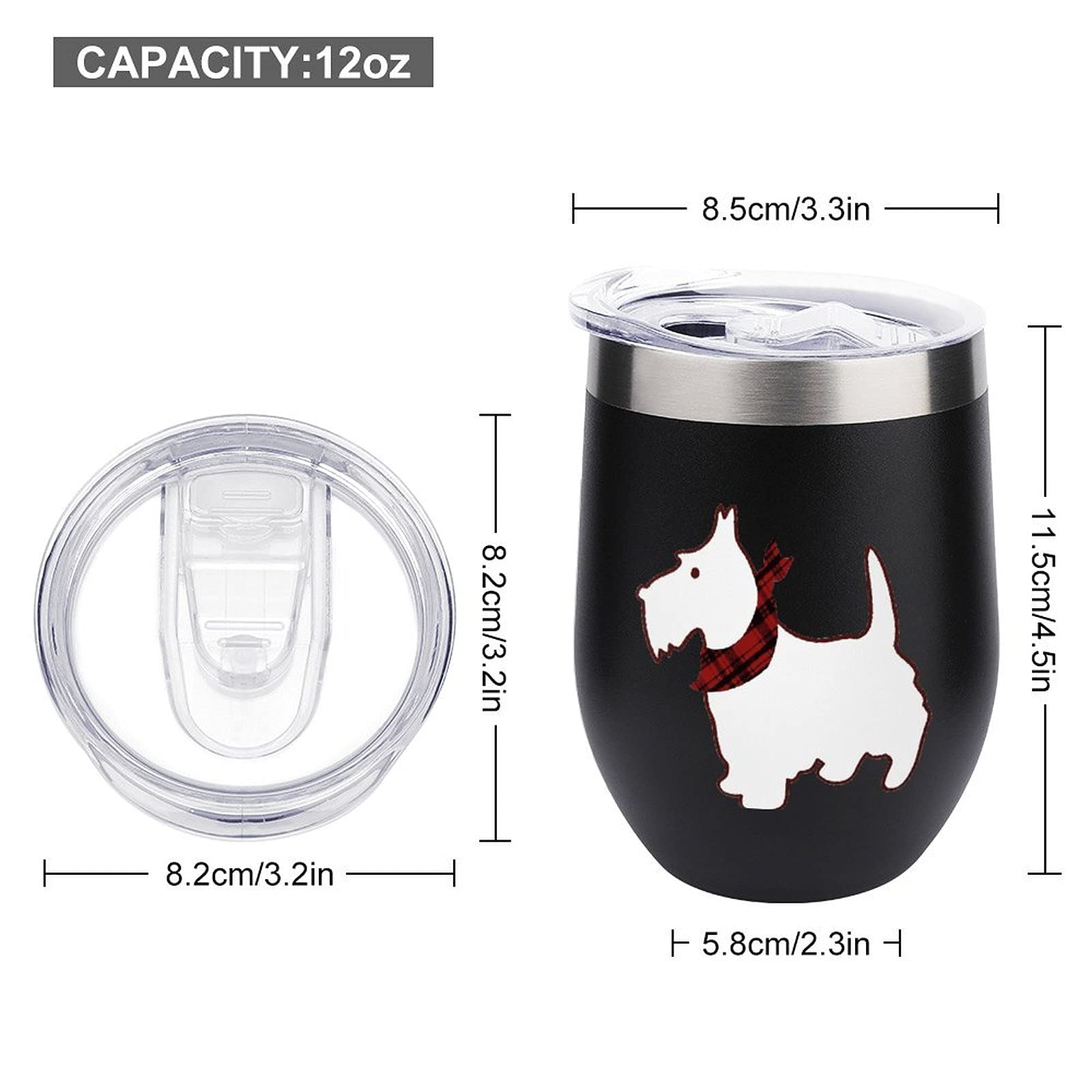 Scottie Dog Vacuum Insulated Stainless Steel Wine Tumbler with Lid - 12oz Stemless Travel Cup for Coffee, Wine & Cold Drinks - Perfect for Picnics, Camping & Office Use (Black, One Size)