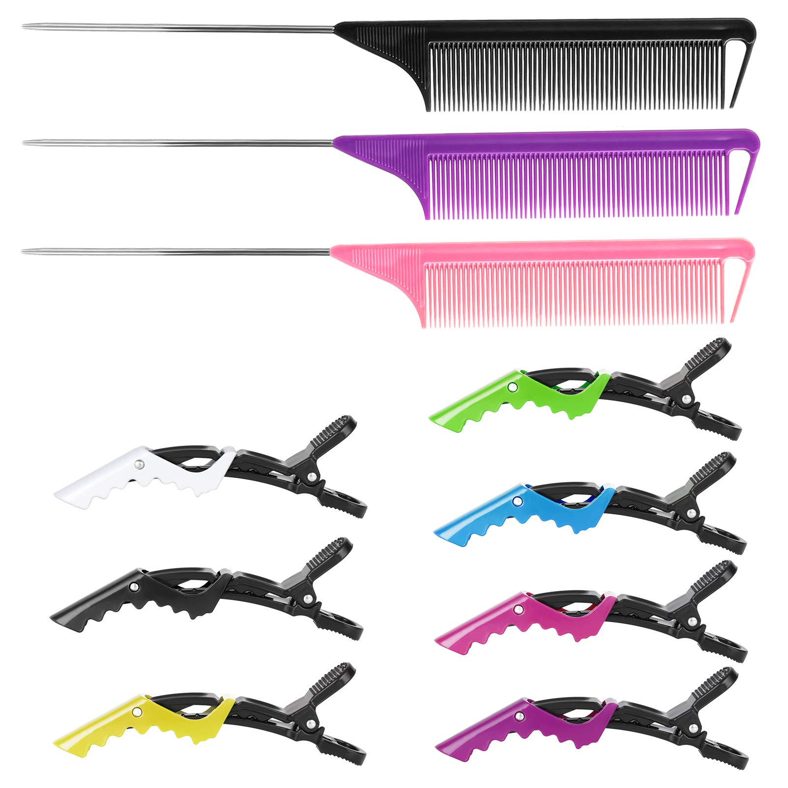 Professional Rat Tail & Parting Combs with Styling Clips - 3 Metal Teasing Combs & 7 Sectioning Hair Clips for Braids, Weaves & Hairstyling - Perfect for Salon, Home & DIY Hairdressing