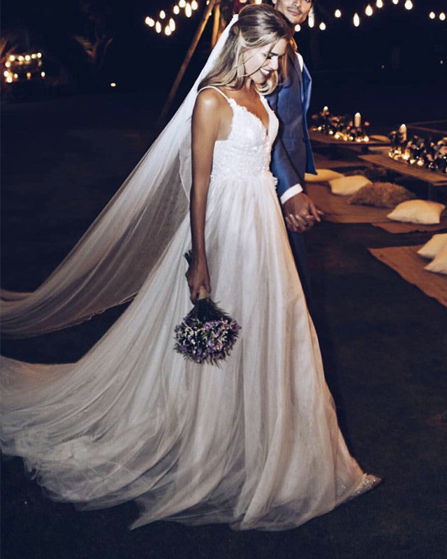 Boho Wedding Dresses V Neck Open Back Lace Bridal Gown for Beach, Garden & Outdoor Ceremonies