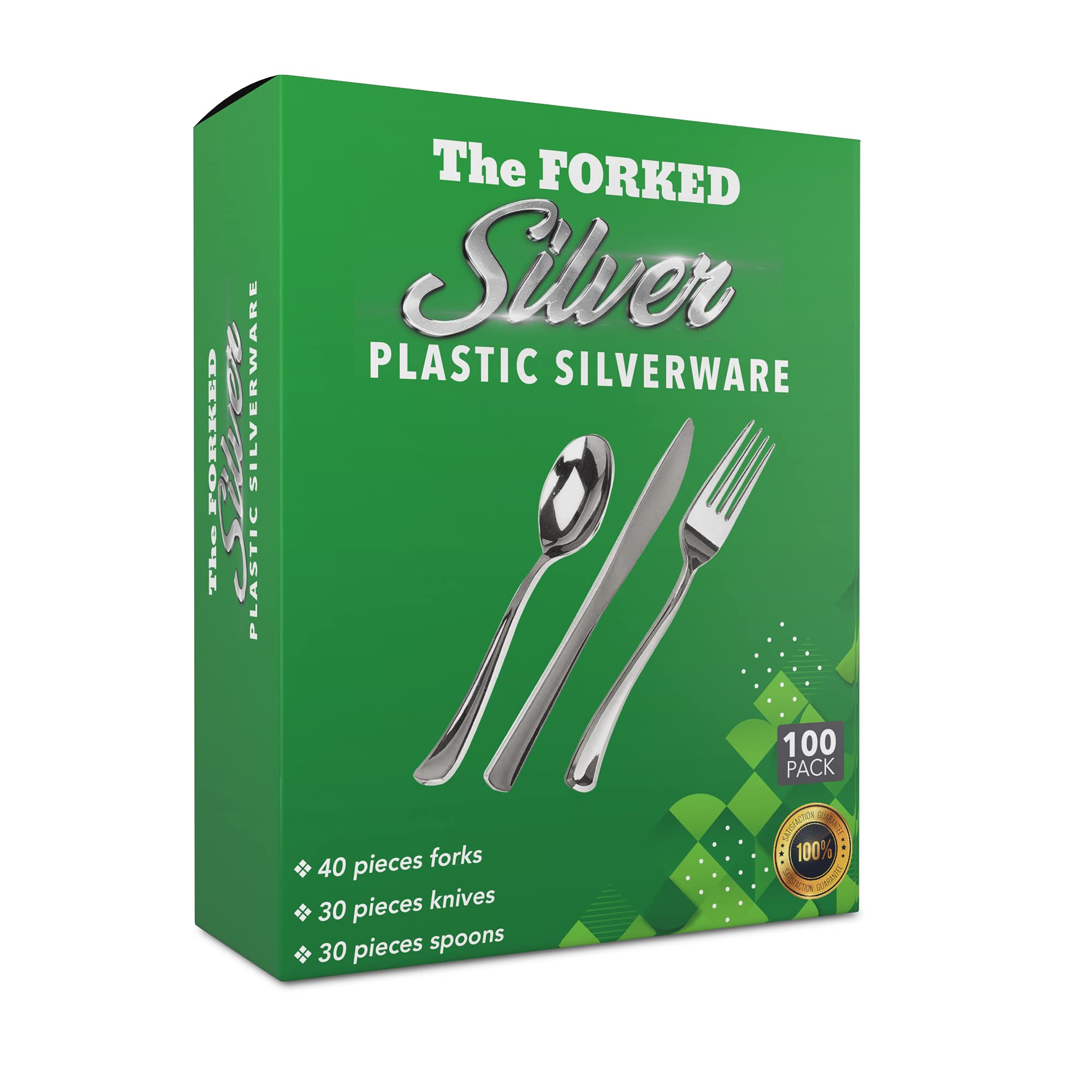 100-Piece Heavy Duty Disposable Silver Plastic Cutlery Set - 40 Forks, 30 Knives, 30 Spoons - Elegant Party Utensils for Weddings, Catering & Outdoor Events (Silver)